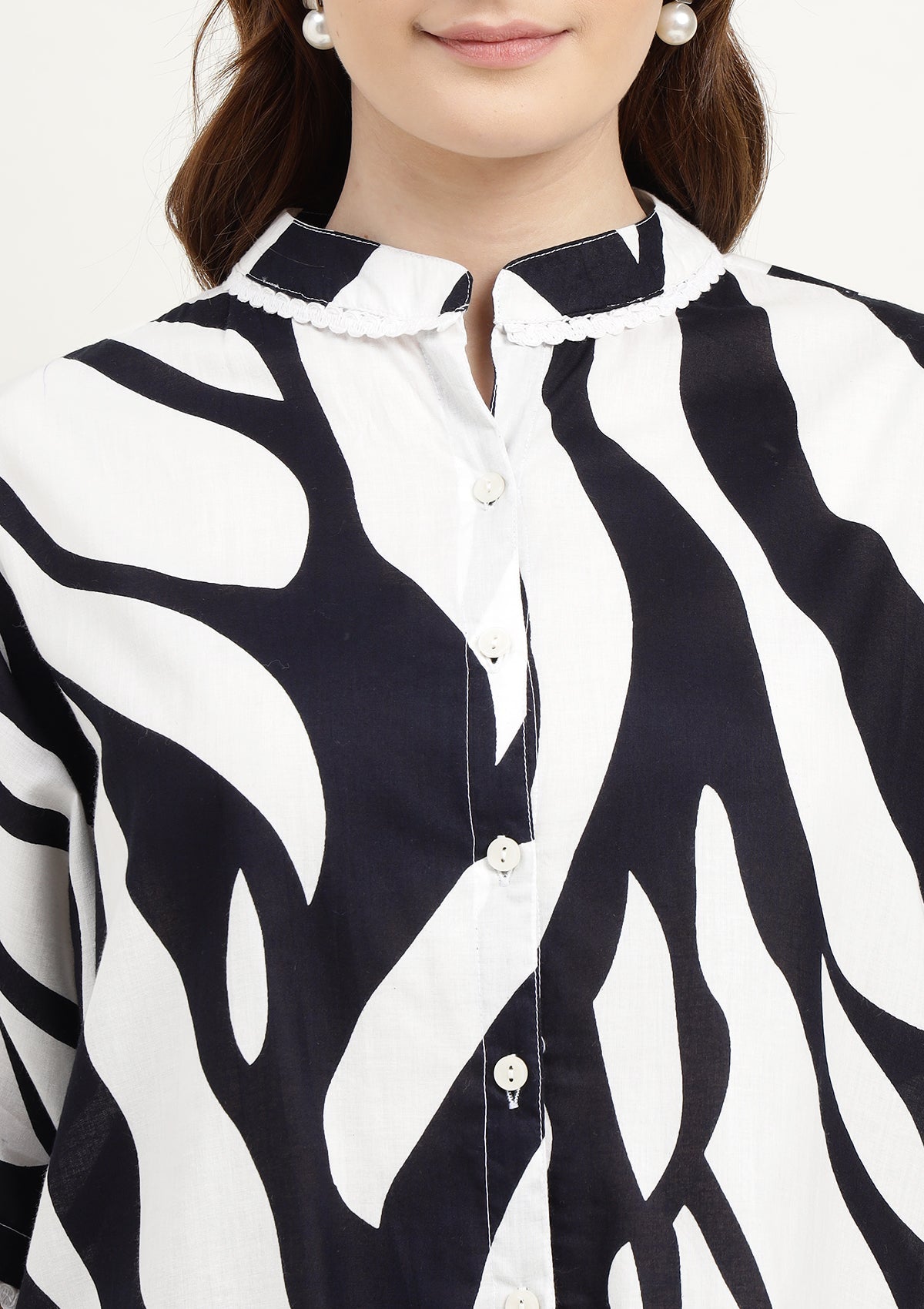 Abstract Print Pure Cotton Co Ords Set with Embroidered Lace work on Collar