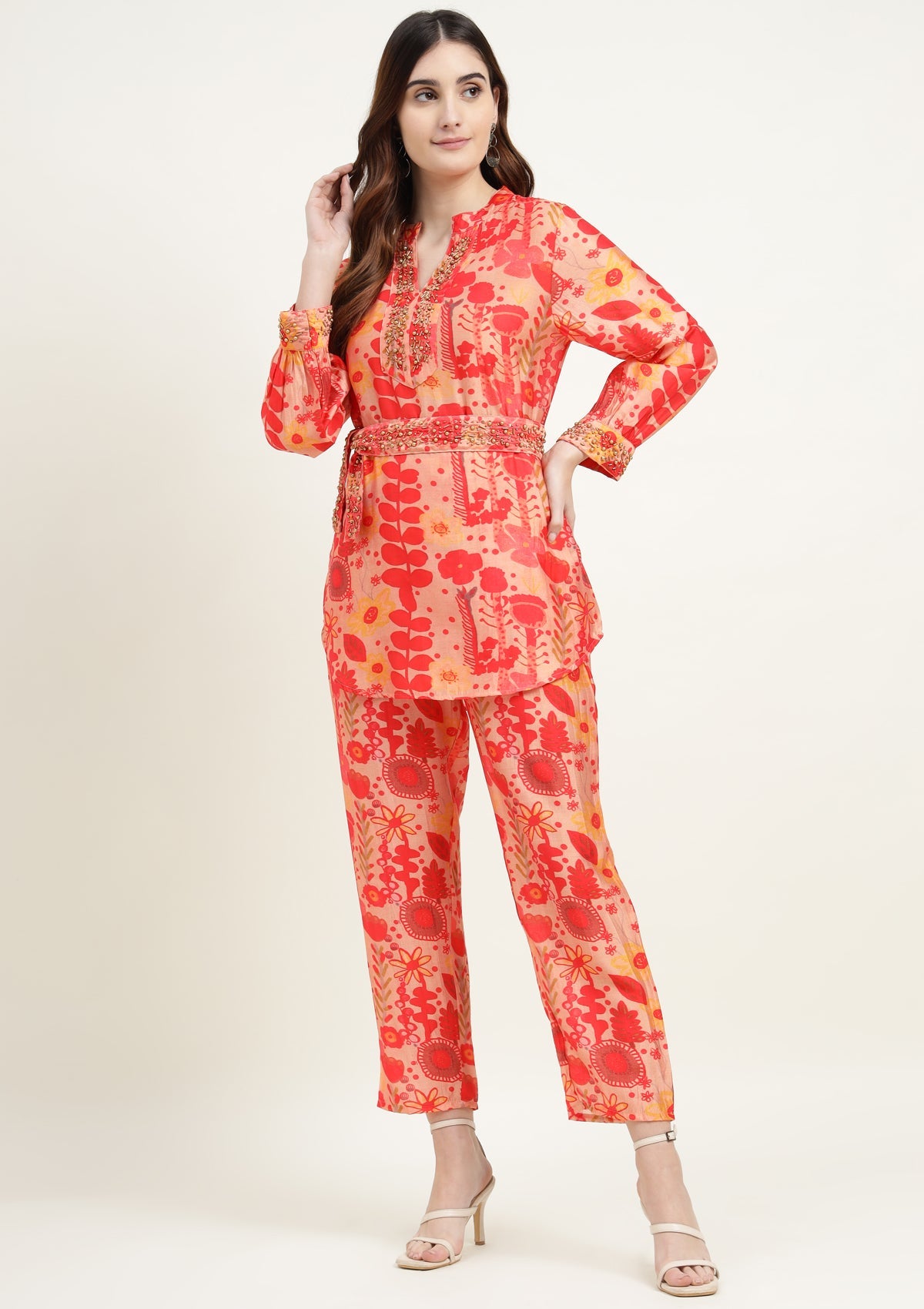 Silk Blend Co Ords Set with Studs and Embellished work