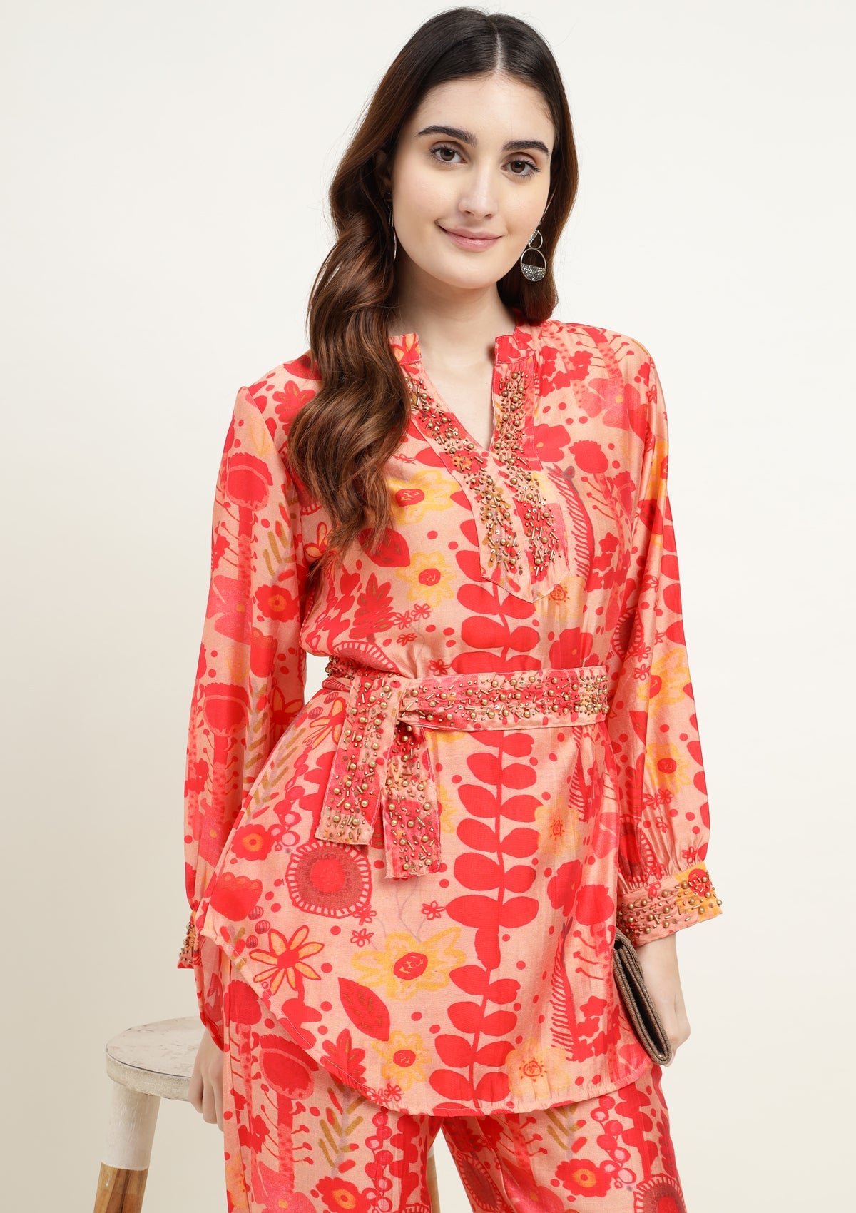 Silk Blend Co Ords Set with Studs and Embellished work