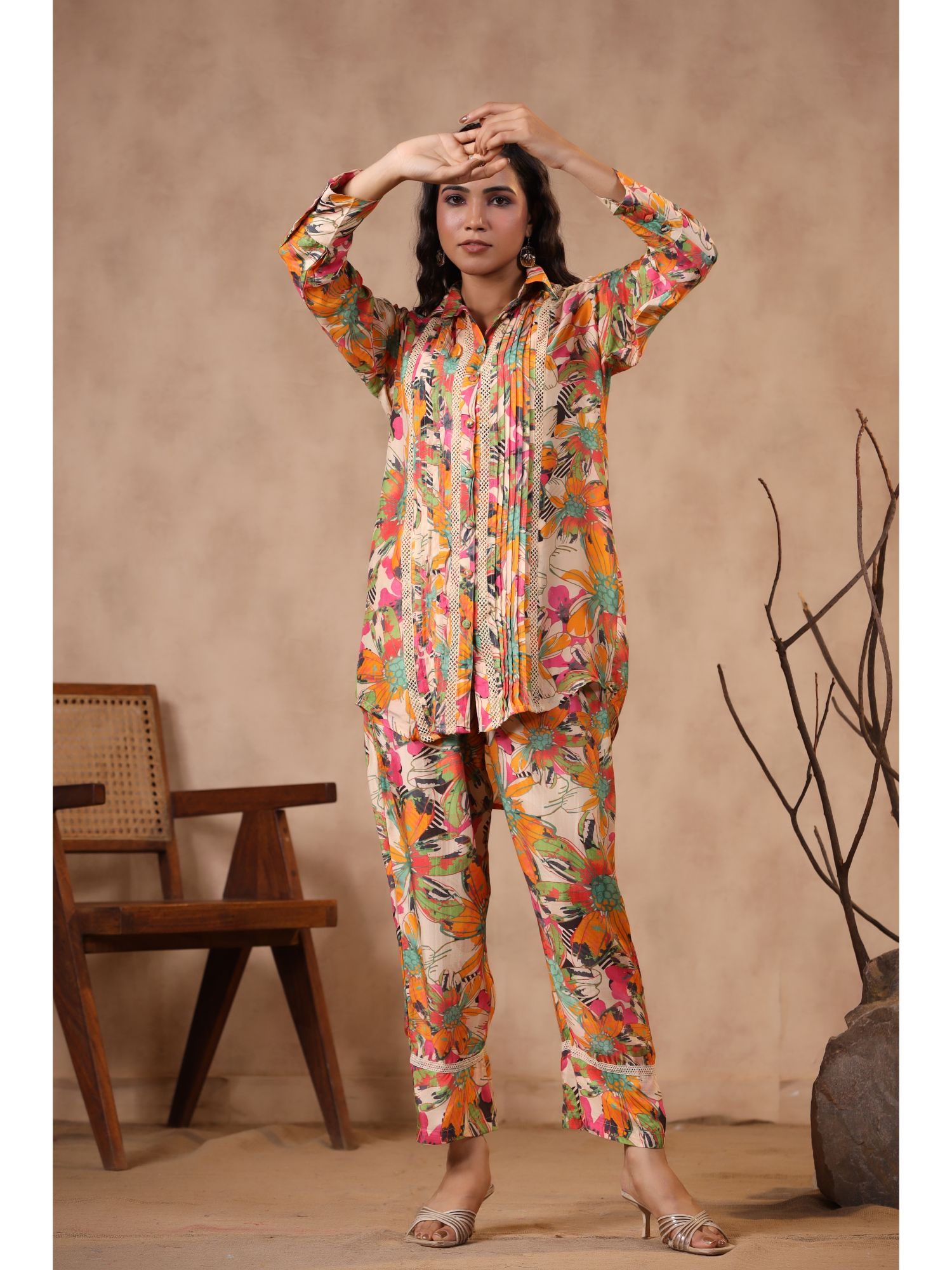 Printed Embroidered Muslin Co Ord Set