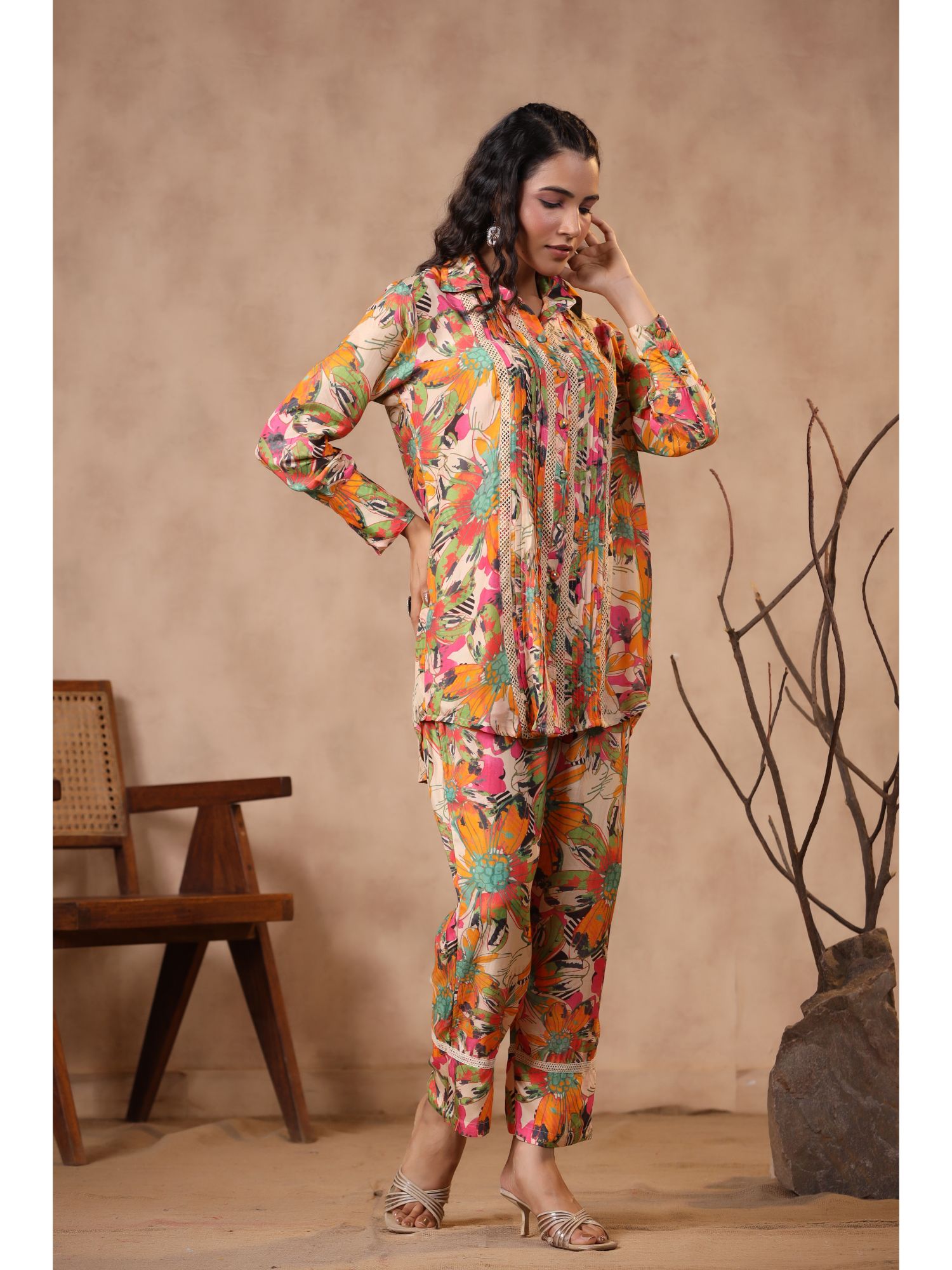 Printed Embroidered Muslin Co Ord Set