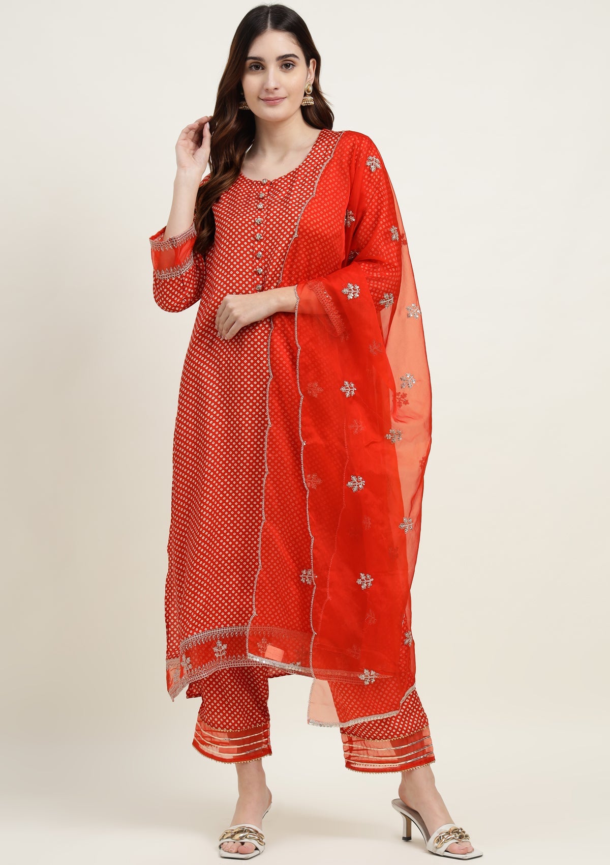 Bandhej Silk Blend Kurta Set Stitched with Dori and Sequins work