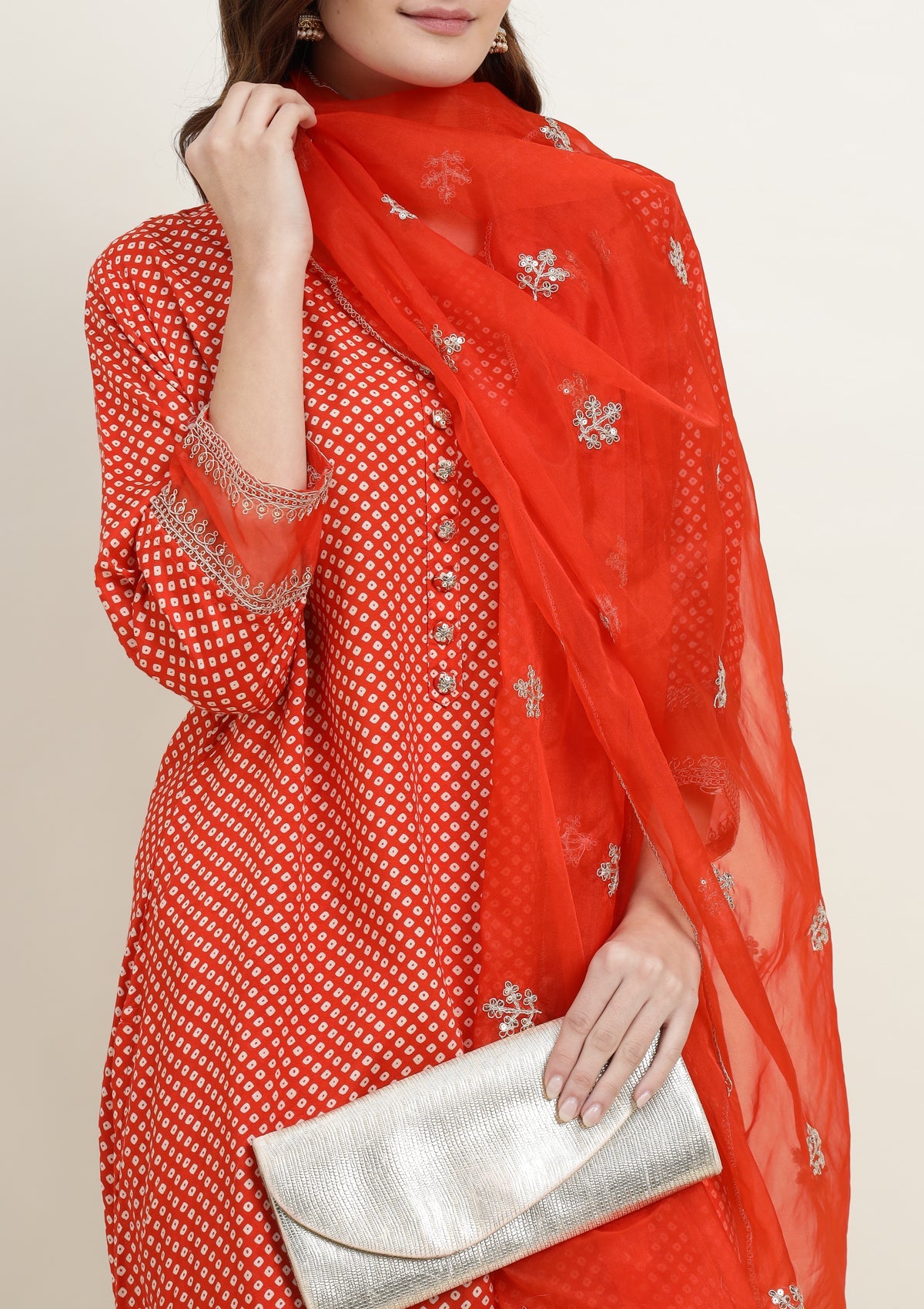 Bandhej Silk Blend Kurta Set Stitched with Dori and Sequins work