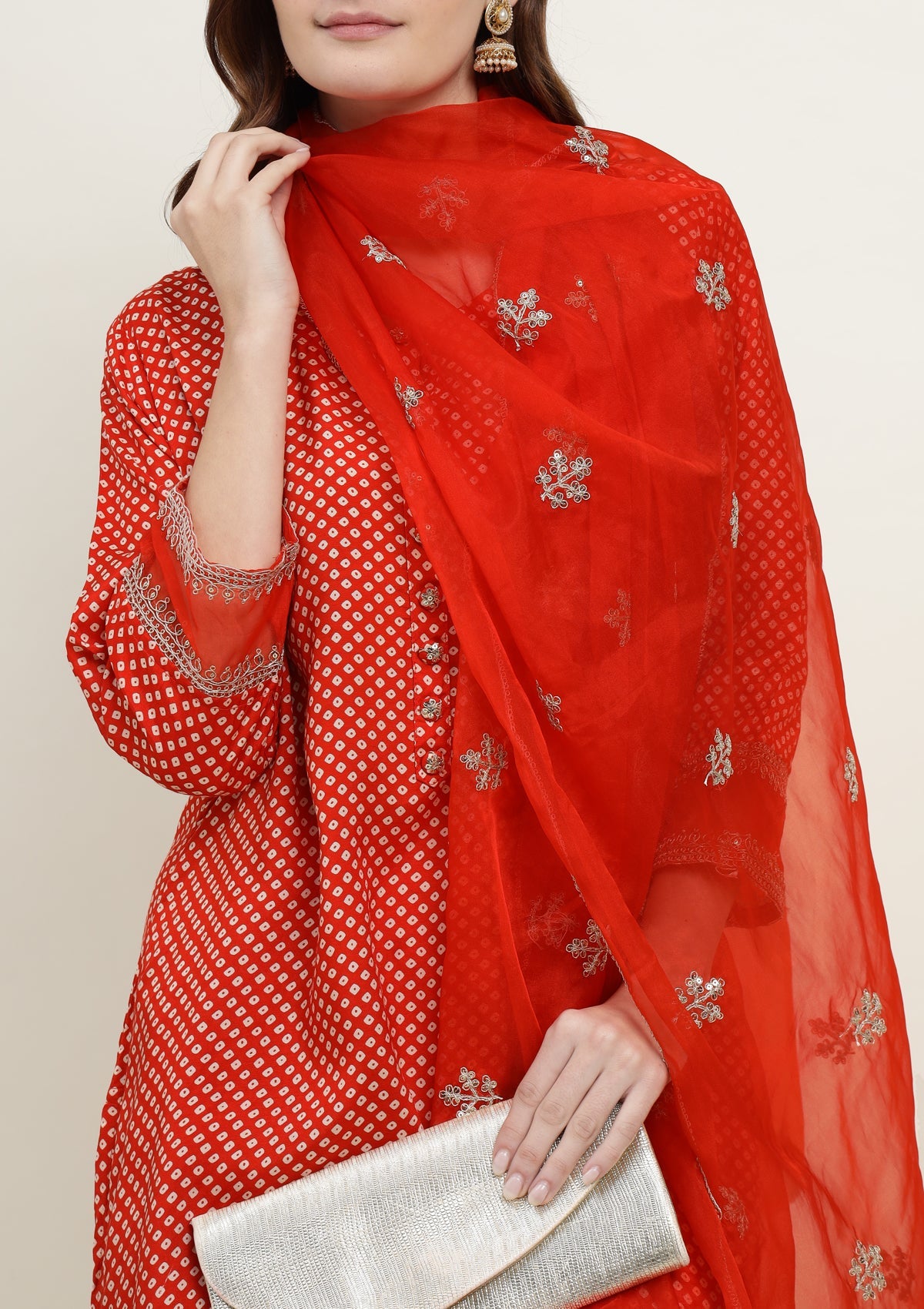 Bandhej Silk Blend Kurta Set Stitched with Dori and Sequins work