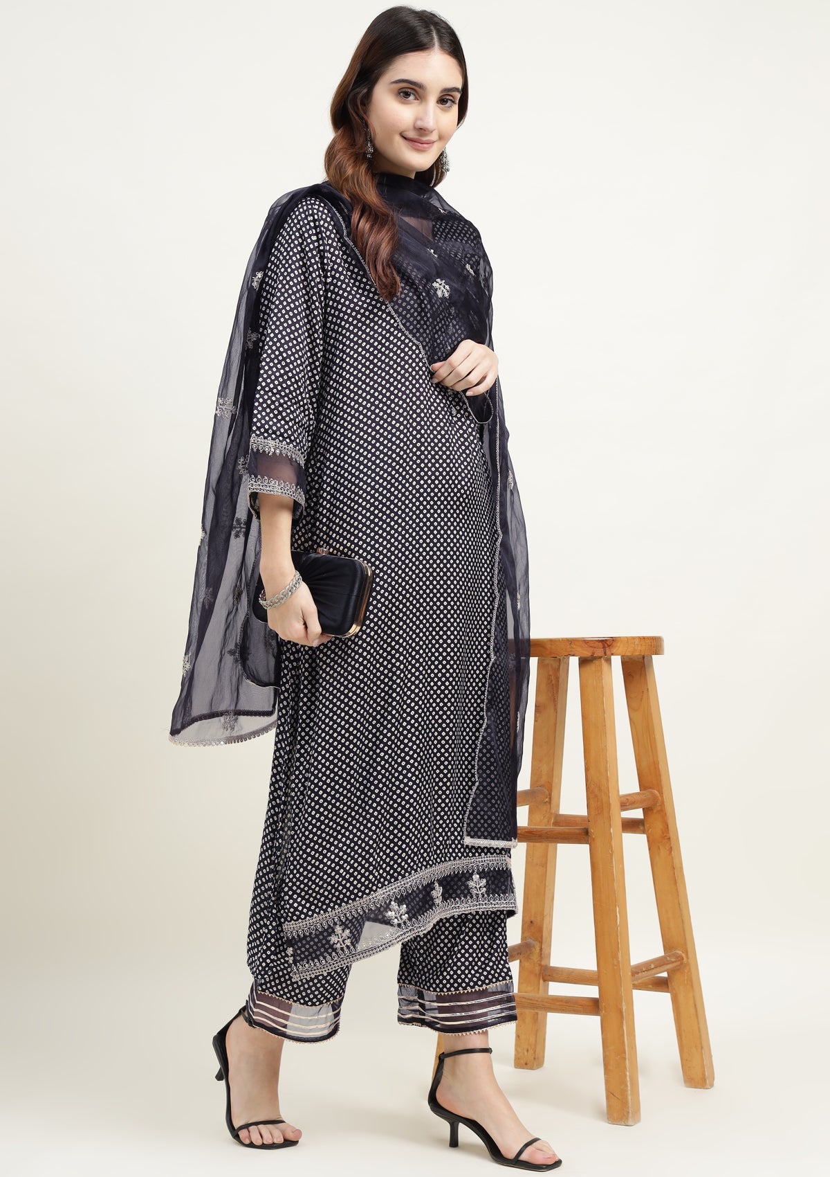 Bandhej Silk Blend Kurta Set Stitched with Dori and Sequins work