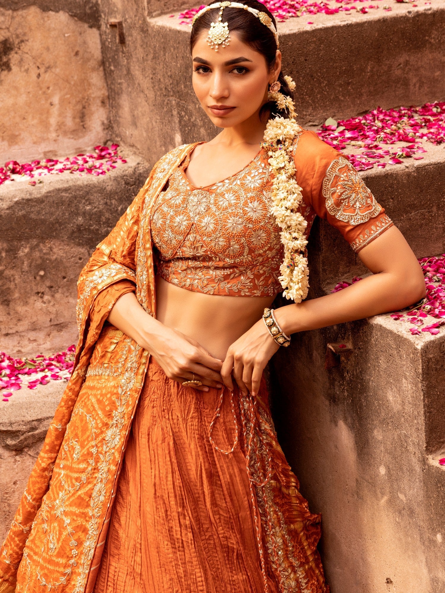 Ghatchola Bandhej Silk Lehenga with Zardozi work.