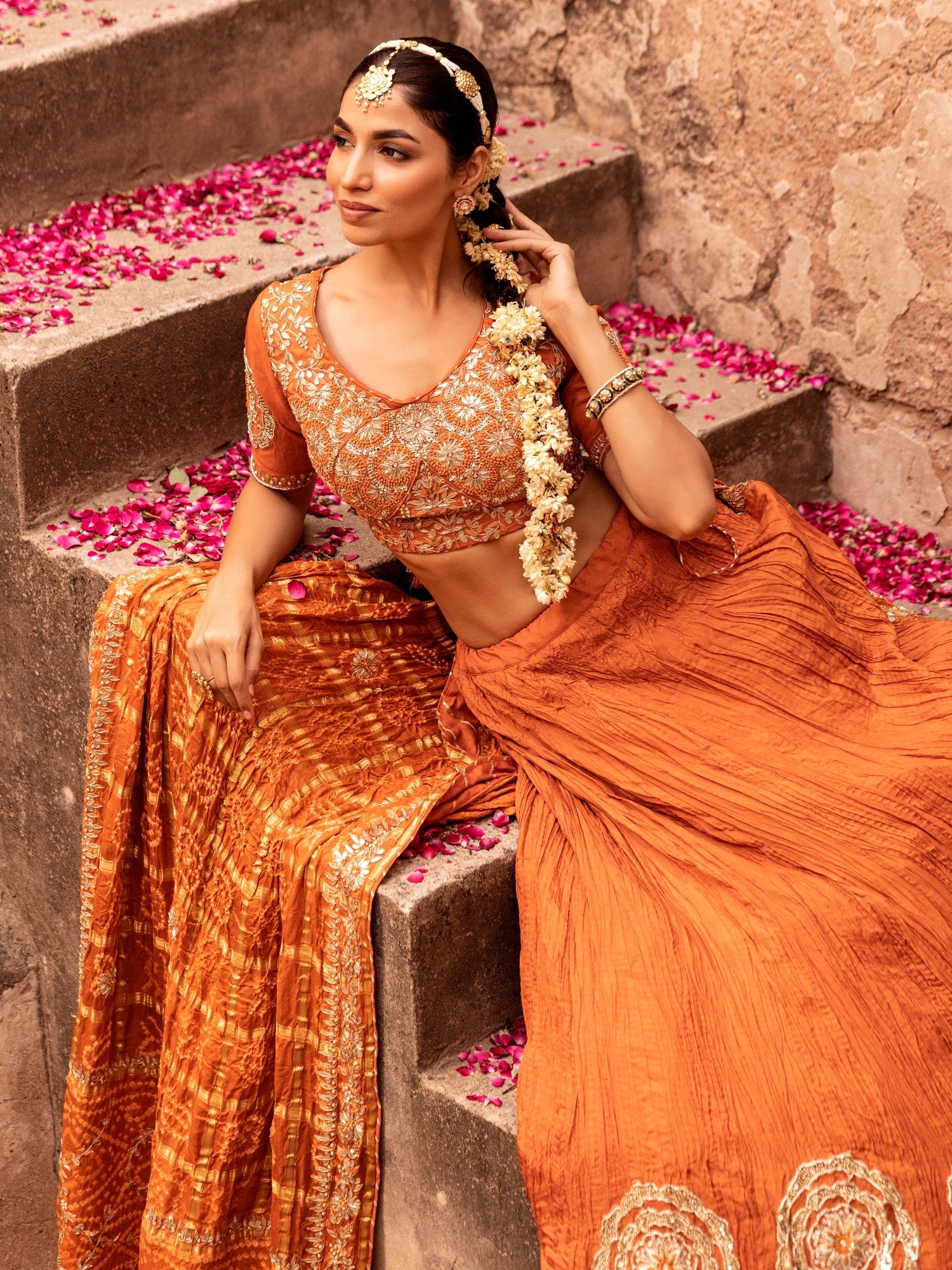 Ghatchola Bandhej Silk Lehenga with Zardozi work.