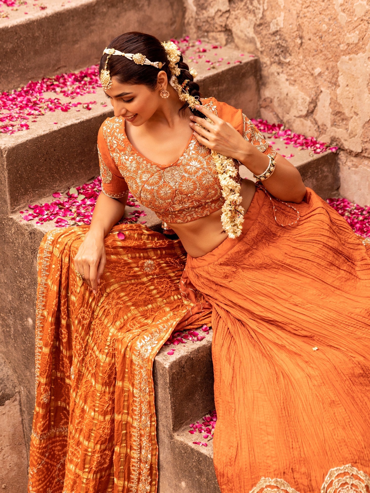 Ghatchola Bandhej Silk Lehenga with Zardozi work.