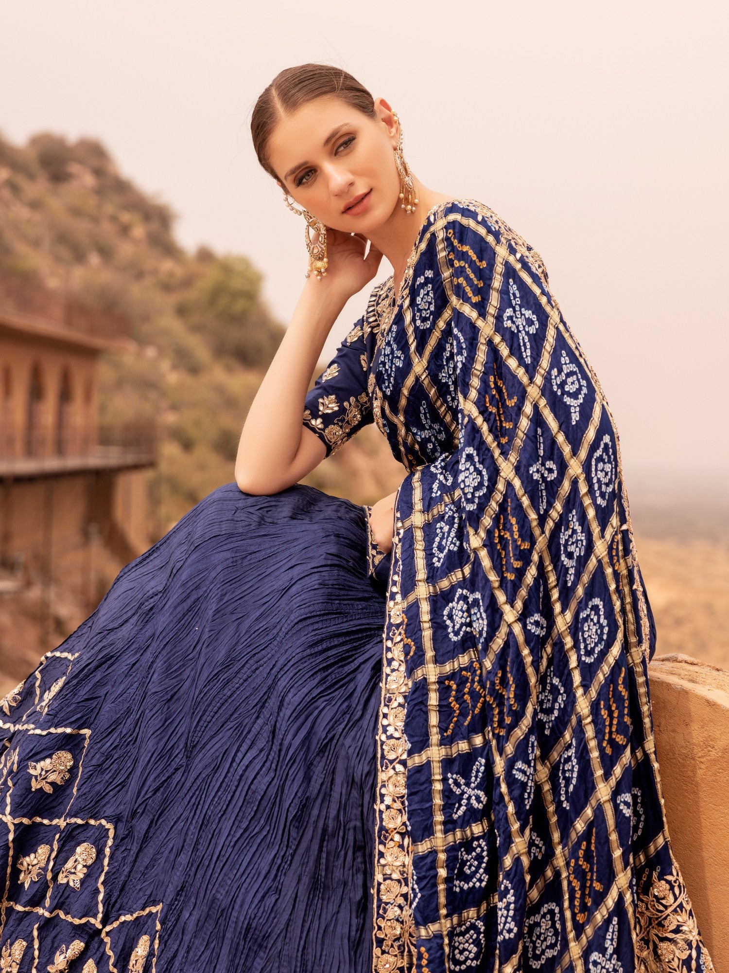 Ghatchola Bandhej Silk Lehenga with Zardozi work.