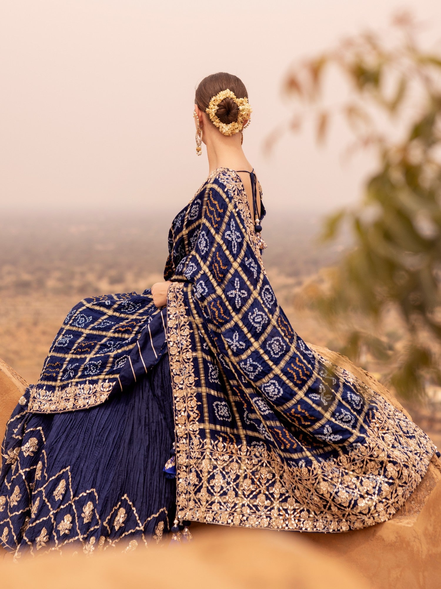 Ghatchola Bandhej Silk Lehenga with Zardozi work.