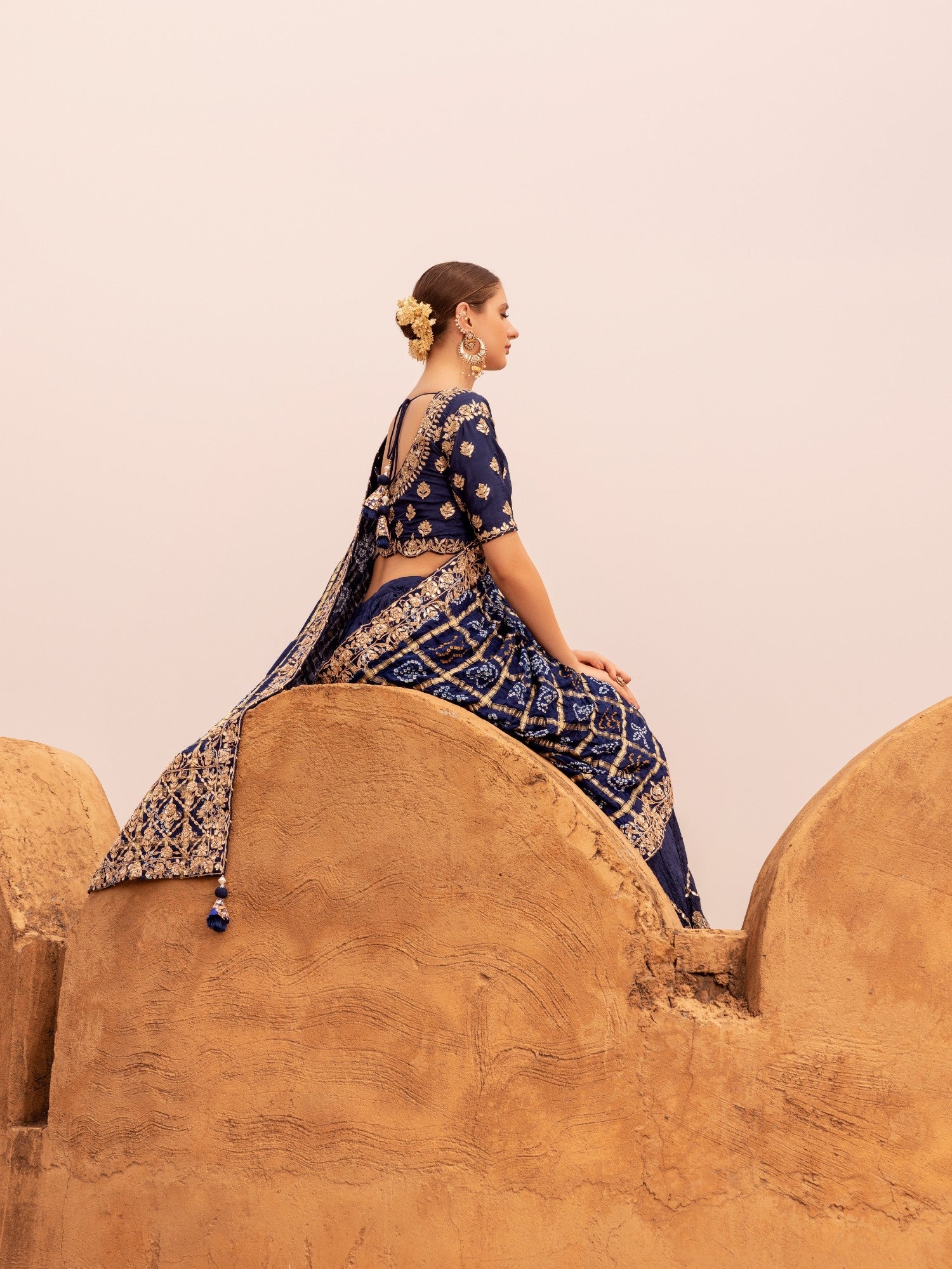 Ghatchola Bandhej Silk Lehenga with Zardozi work.