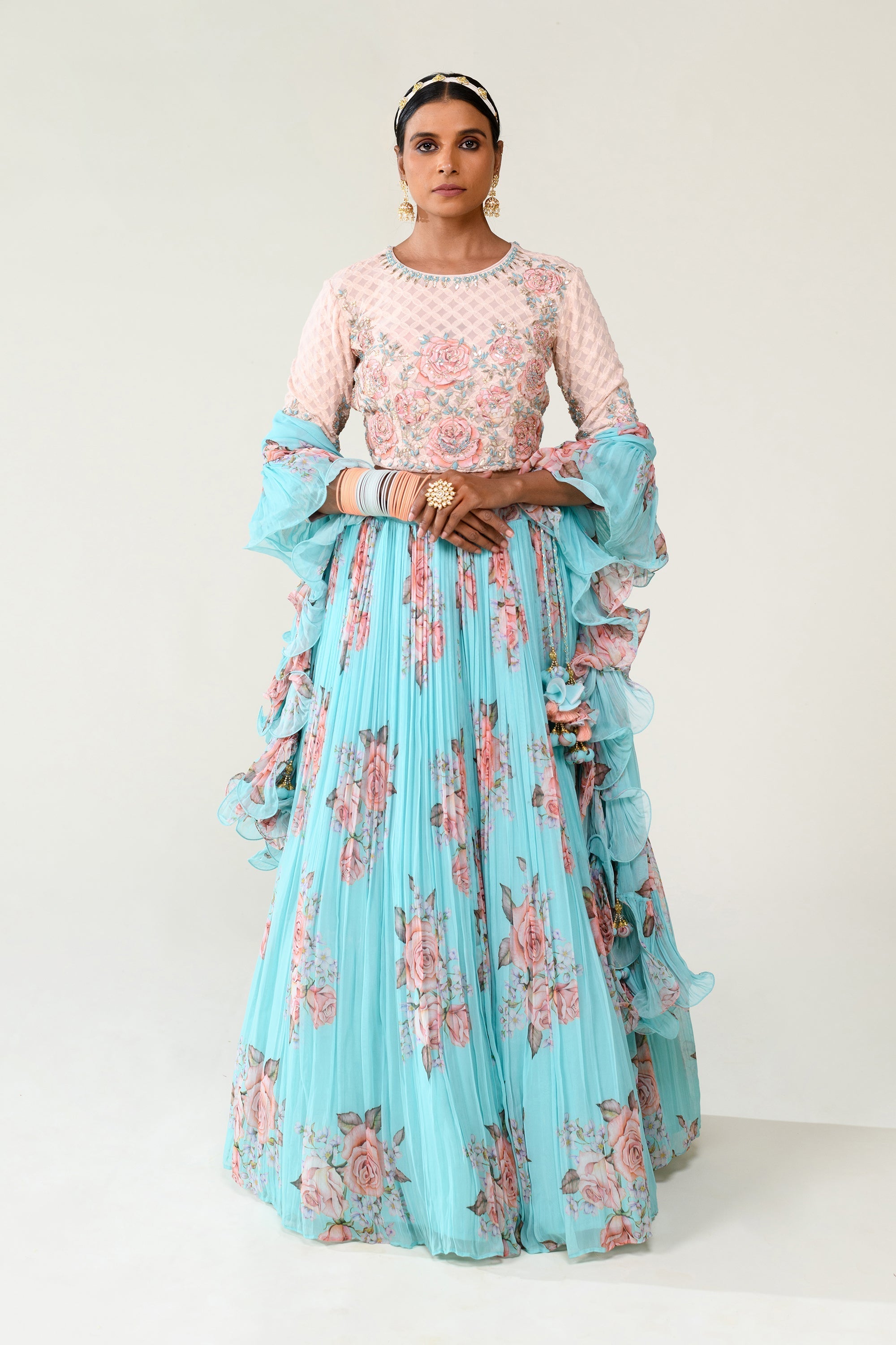 Floral Printed Lehenga with Applique Work and Ruffled Duppatta.
