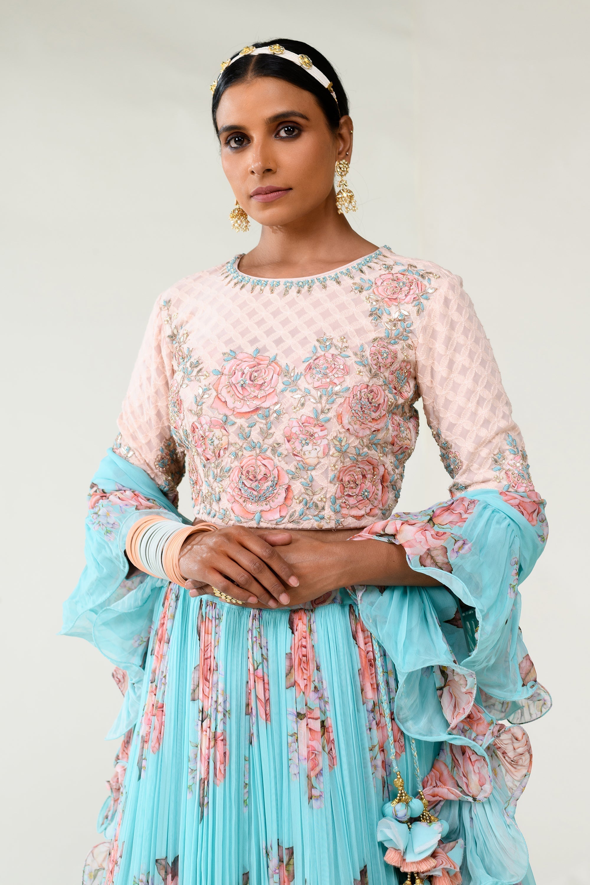 Floral Printed Lehenga with Applique Work and Ruffled Duppatta.