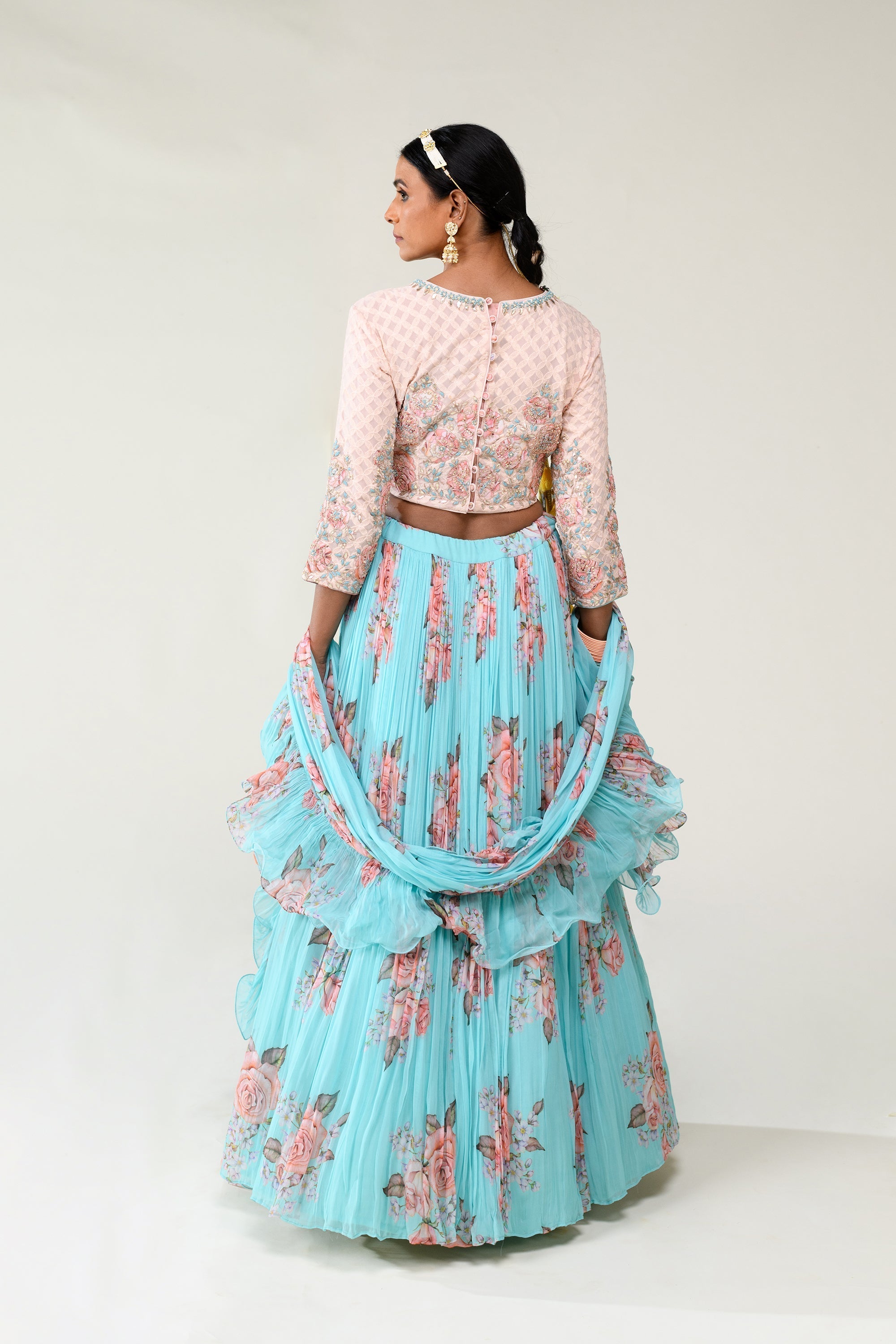 Floral Printed Lehenga with Applique Work and Ruffled Duppatta.