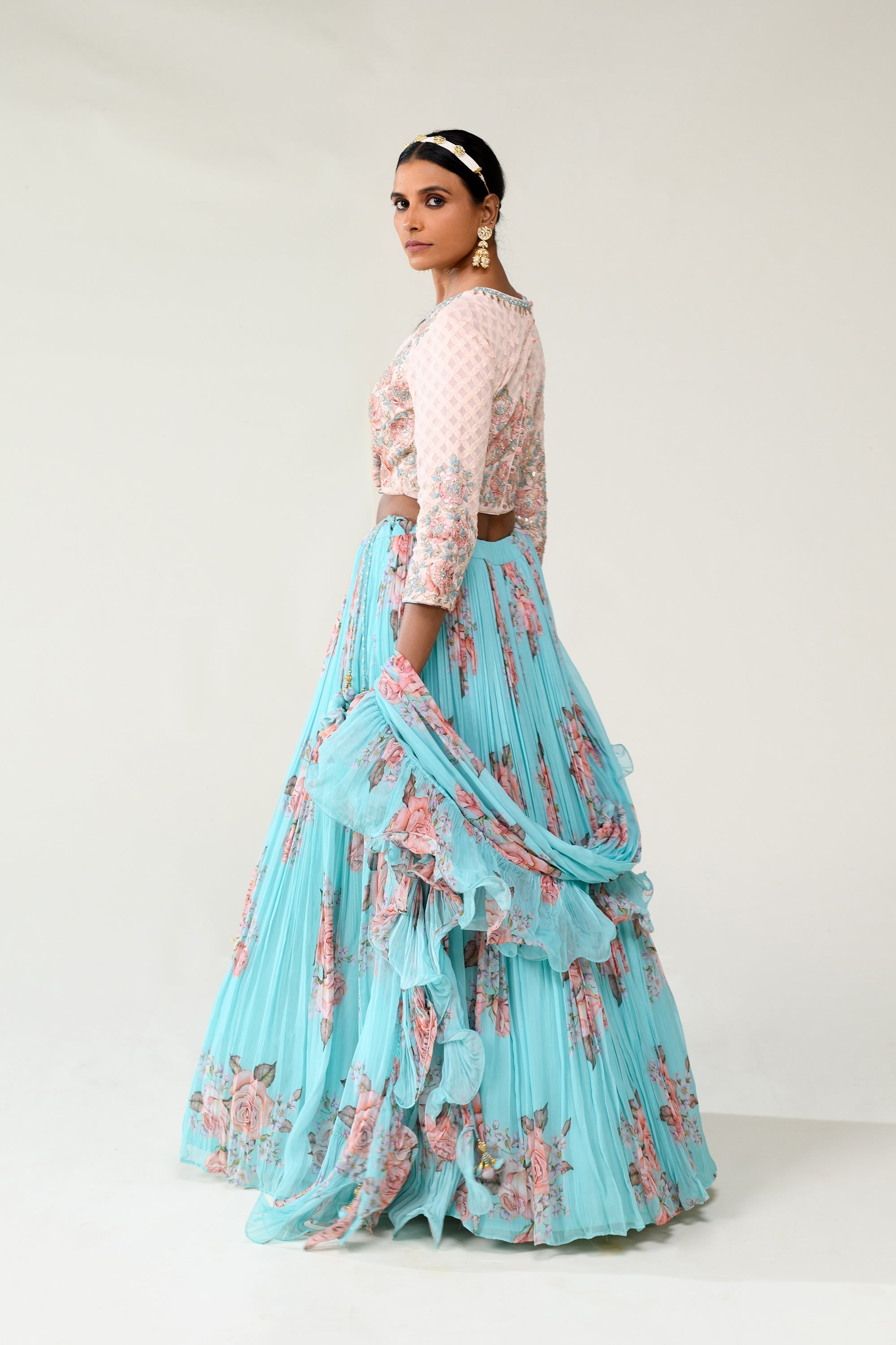 Floral Printed Lehenga with Applique Work and Ruffled Duppatta.