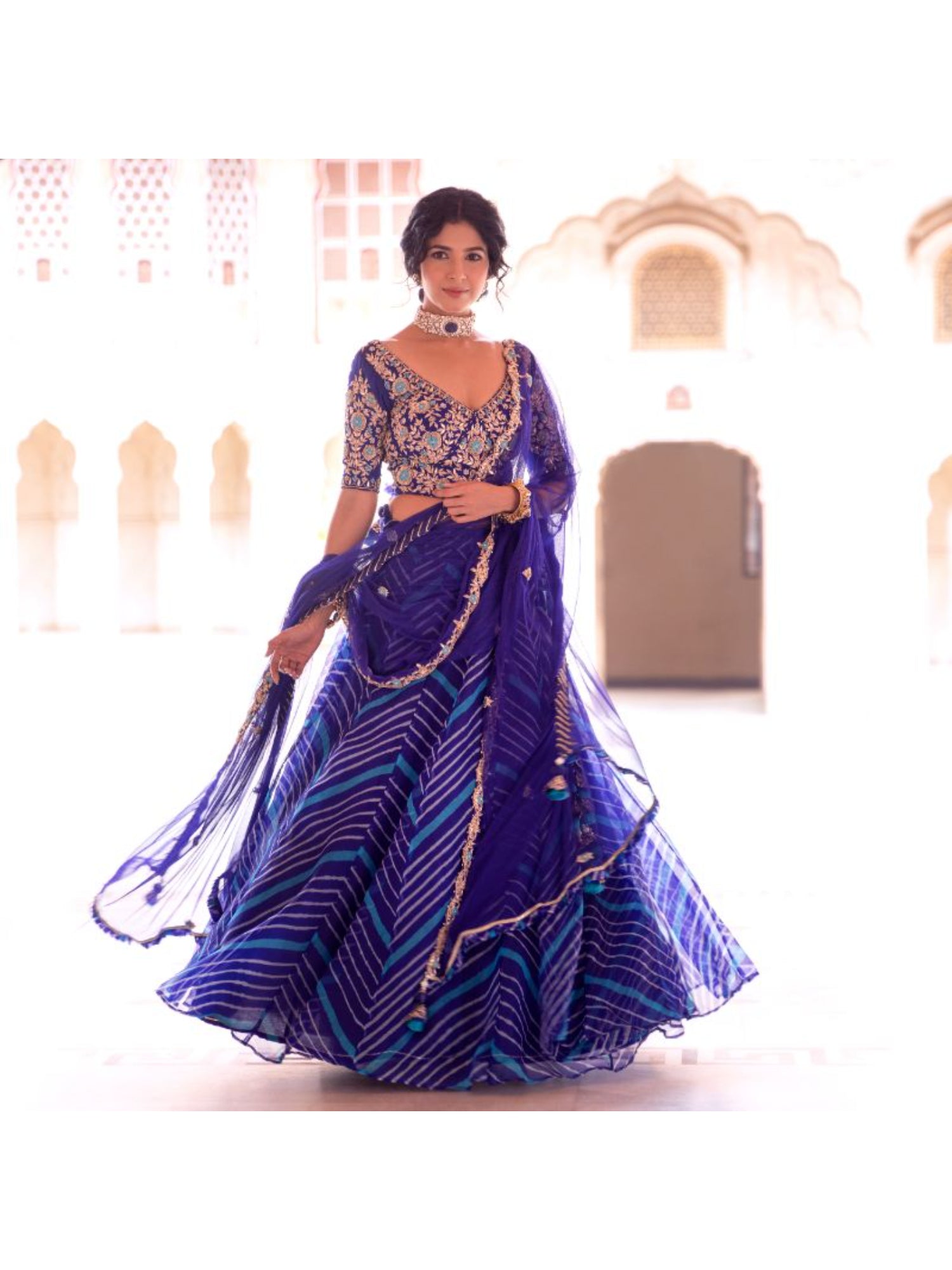 Leheriya Organza Lehenga with Gota Patti, Thread work.