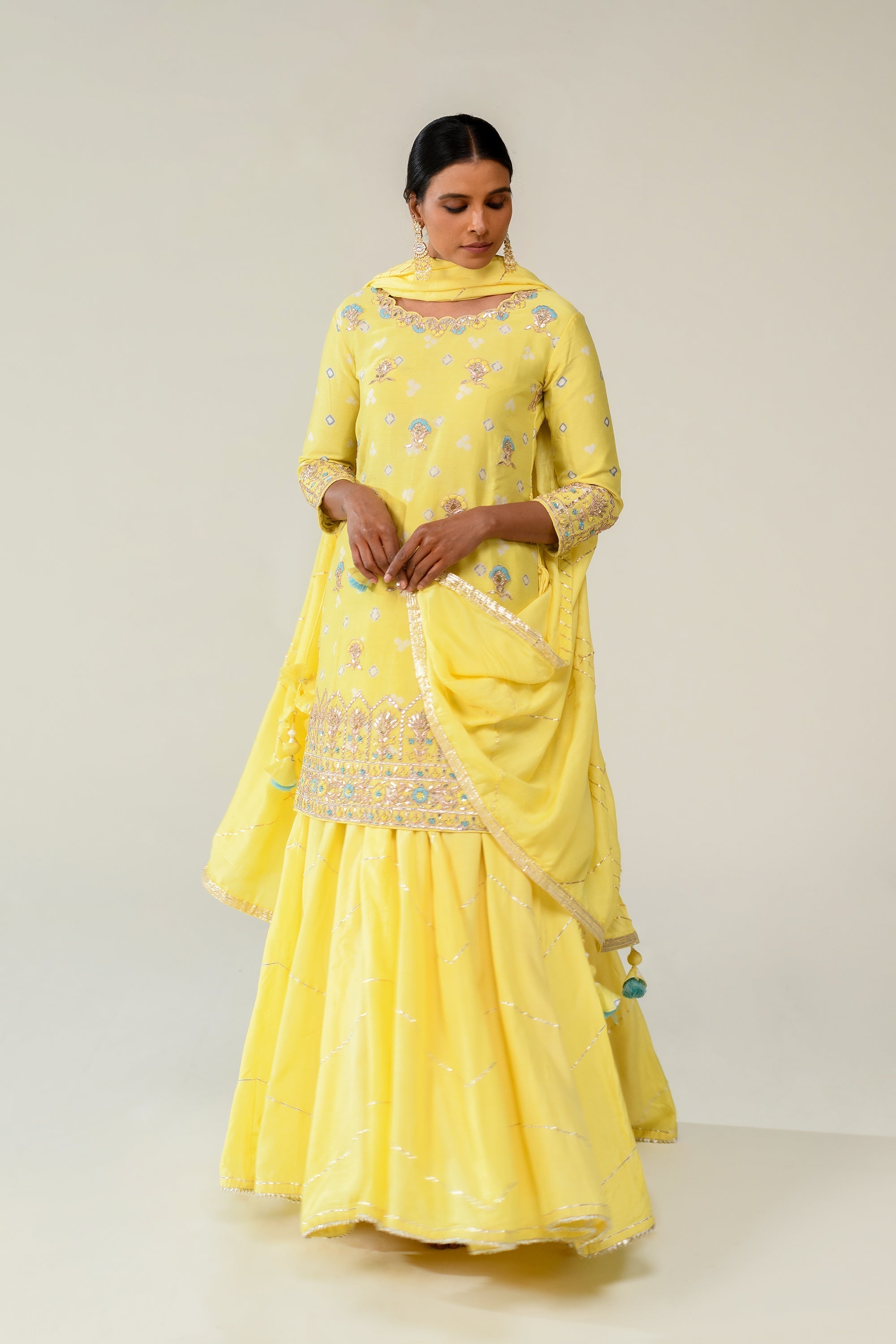 Bandhej Gota Patti Cotton Silk Suit with Gota Border.