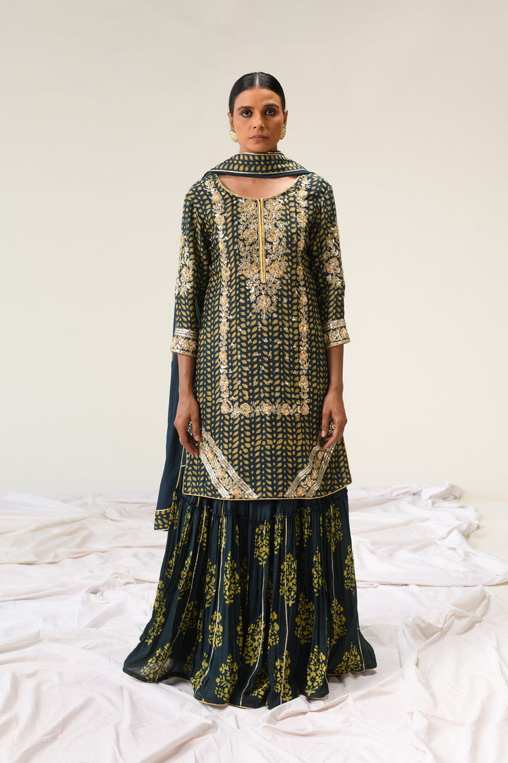 Cotton Silk Dabu Print Suit with Hand Aari work.