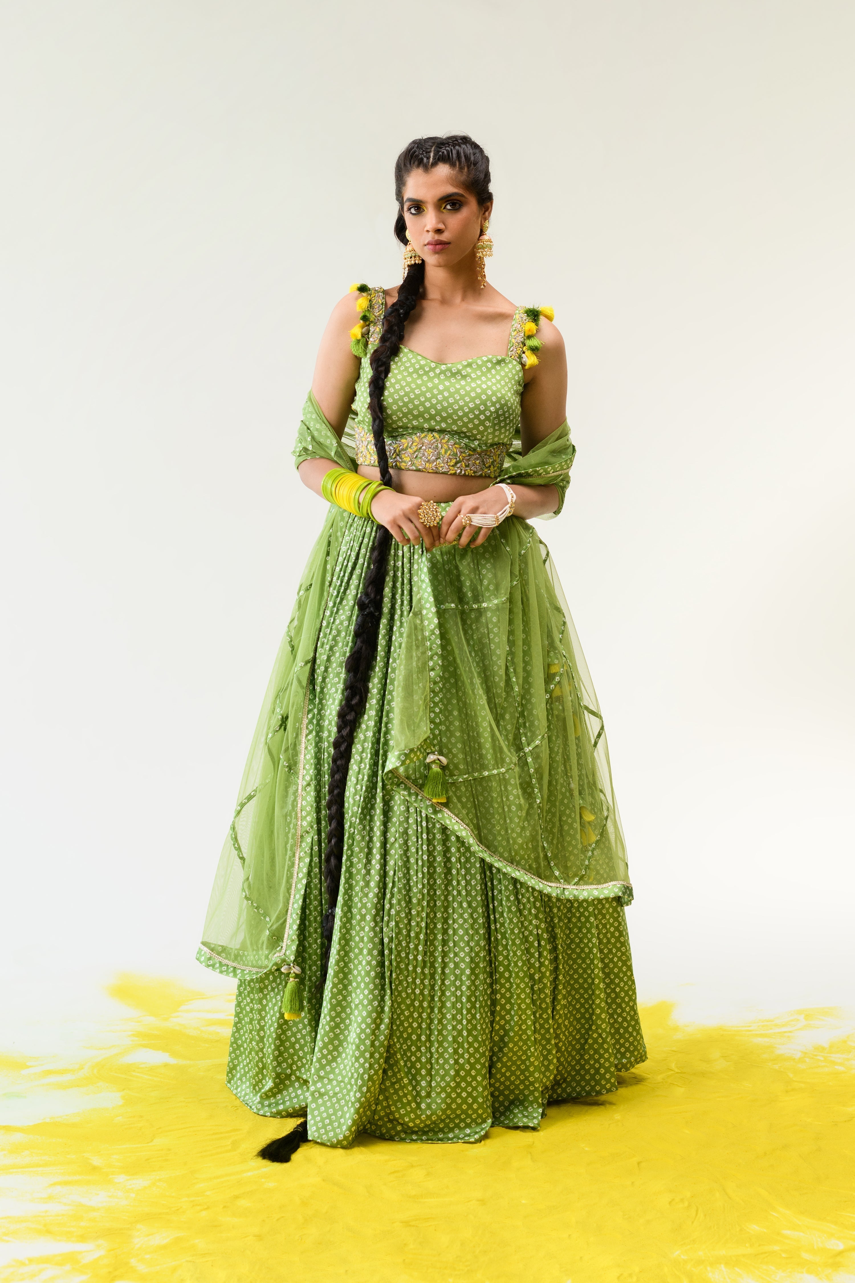 Satin Bandhej Lehenga with Gota Patti, Zardosi, Thread work.