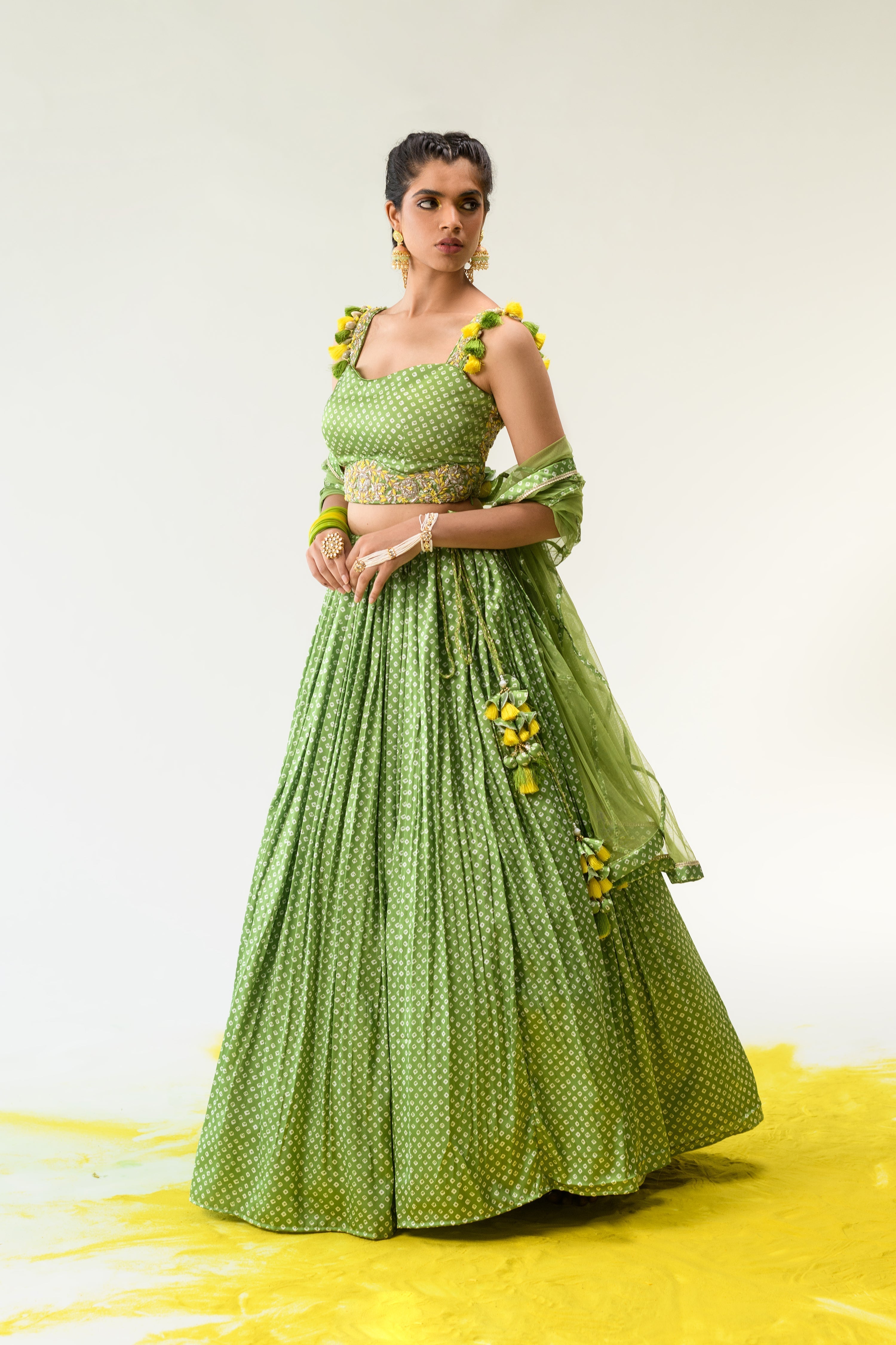 Satin Bandhej Lehenga with Gota Patti, Zardosi, Thread work.