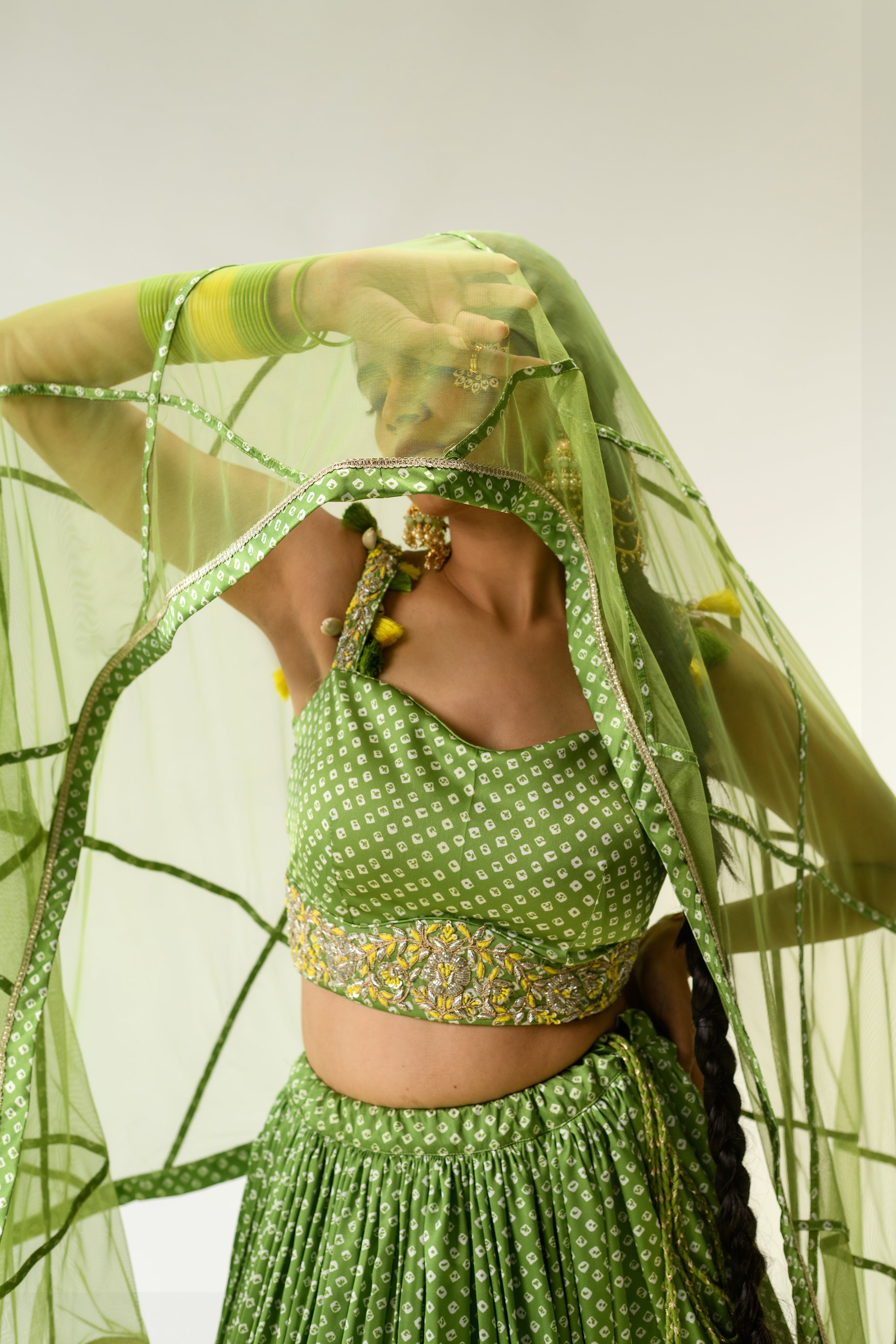 Satin Bandhej Lehenga with Gota Patti, Zardosi, Thread work.