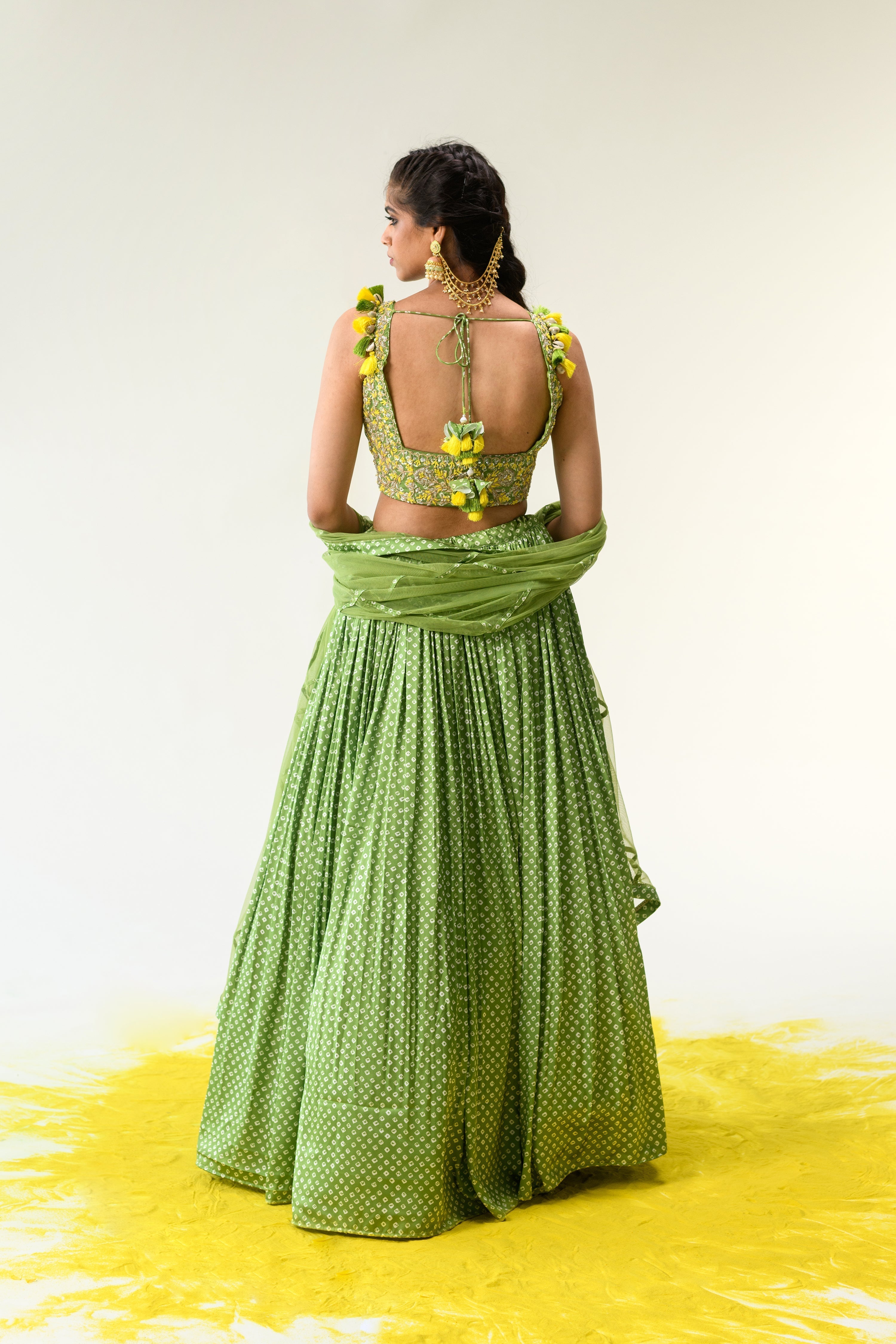 Satin Bandhej Lehenga with Gota Patti, Zardosi, Thread work.