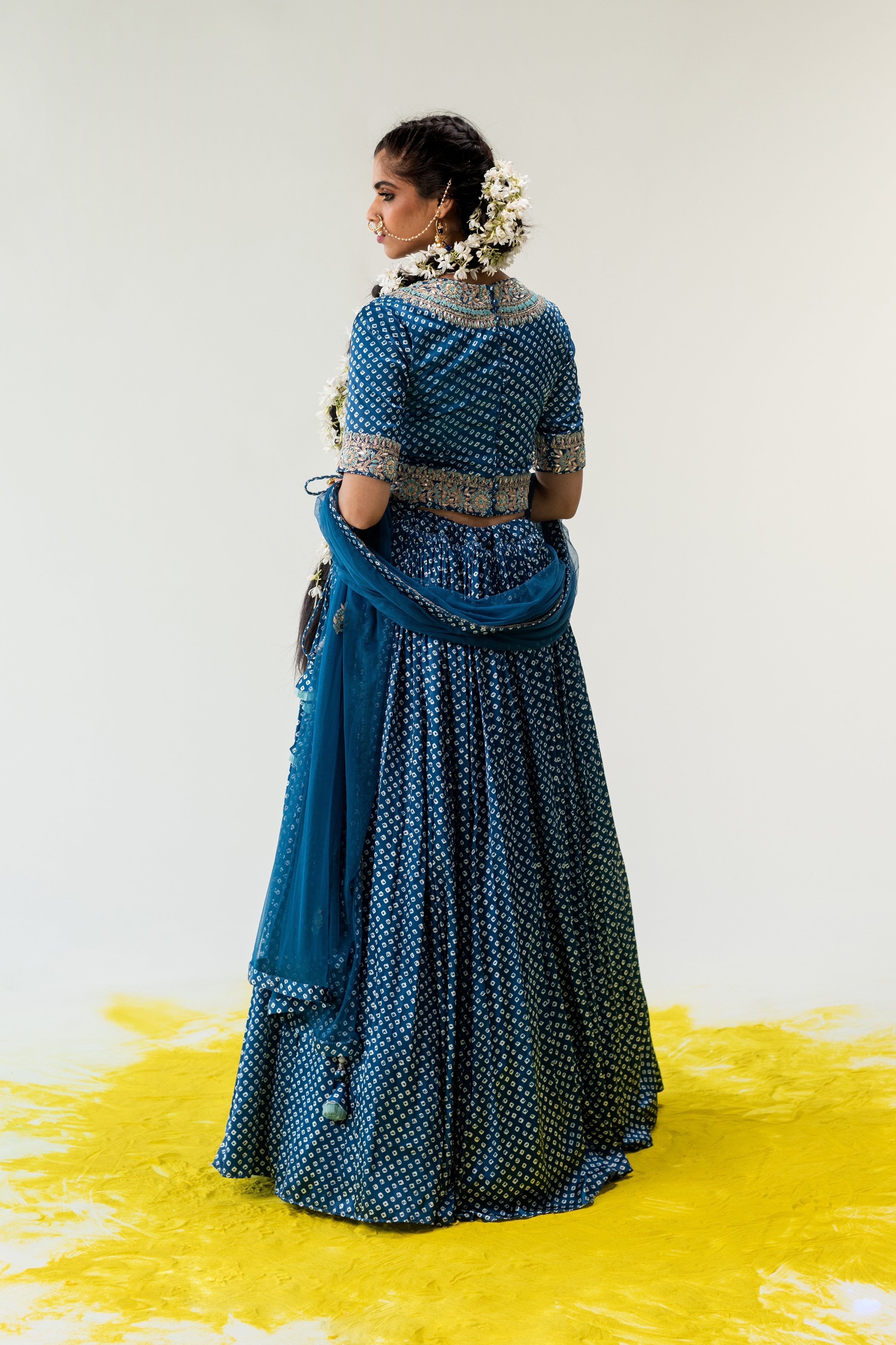 Satin Bandhej Lehenga with Gota Patti, Zardosi, Thread work.