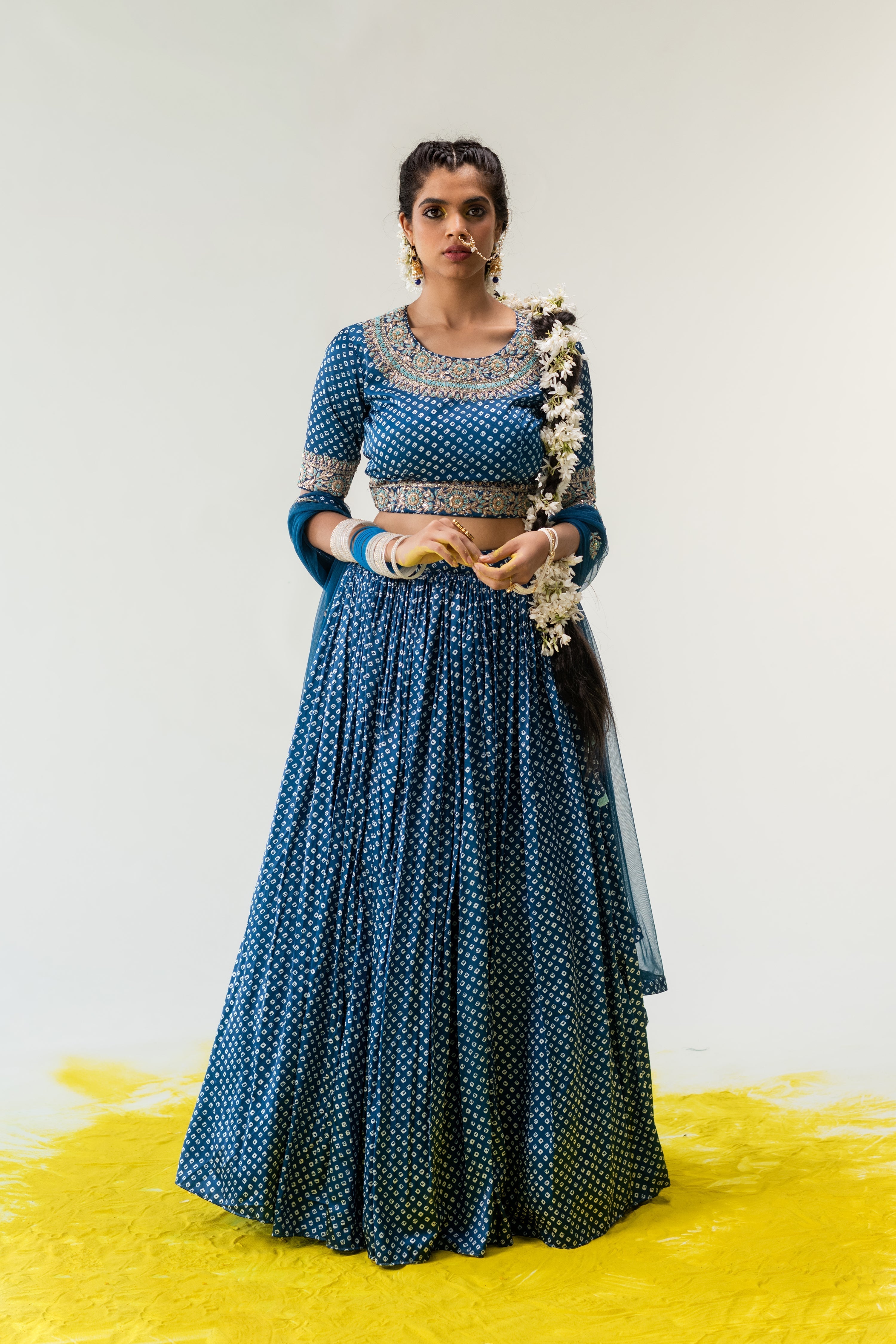 Satin Bandhej Lehenga with Gota Patti, Zardosi, Thread work.