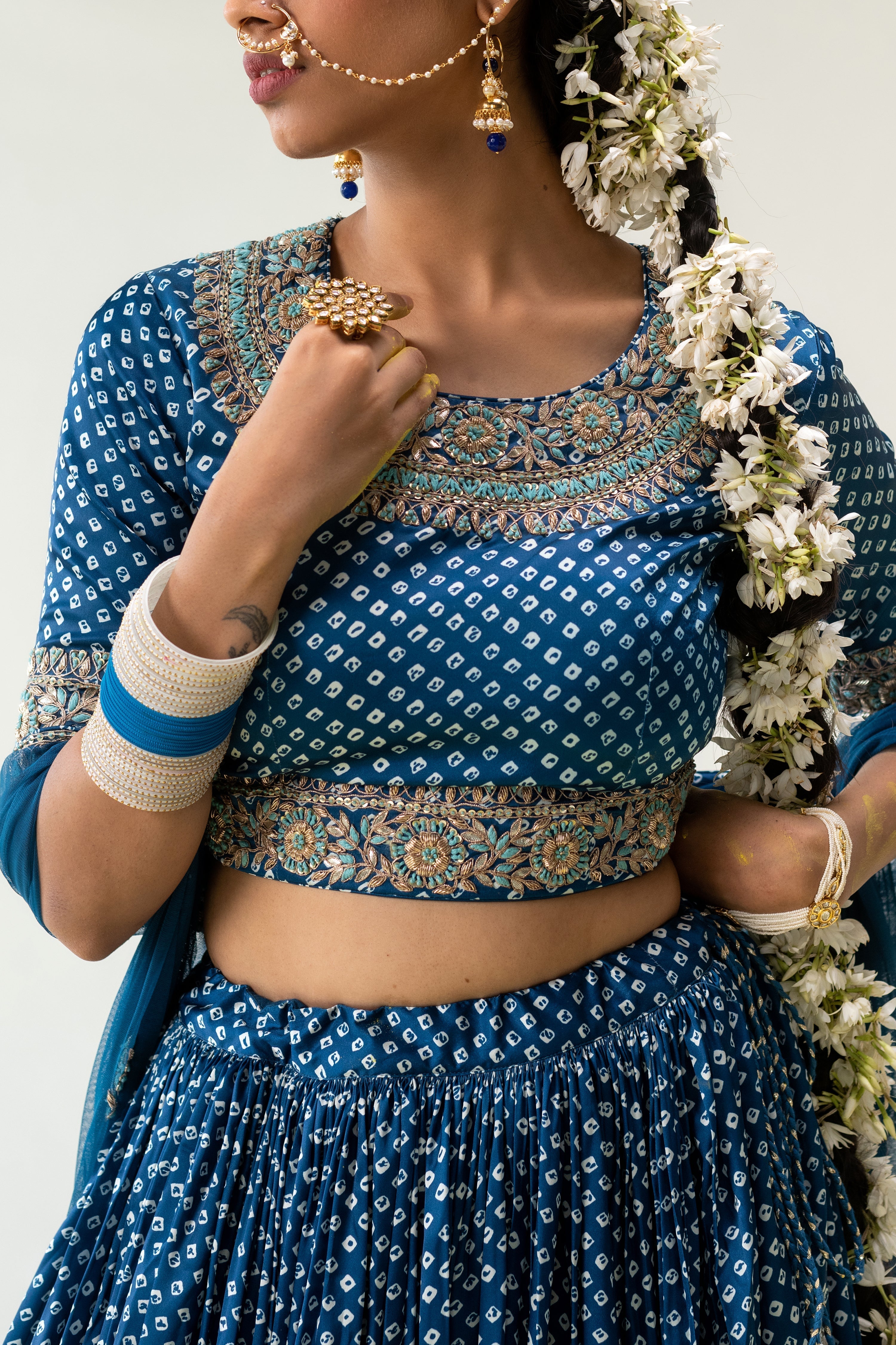 Satin Bandhej Lehenga with Gota Patti, Zardosi, Thread work.