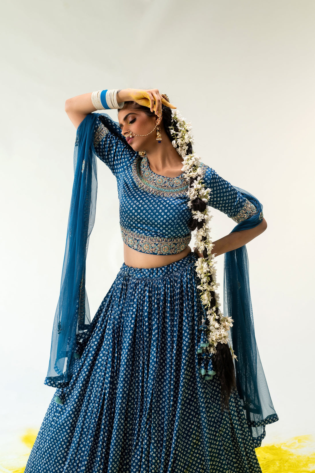 Satin Bandhej Lehenga with Gota Patti, Zardosi, Thread work.