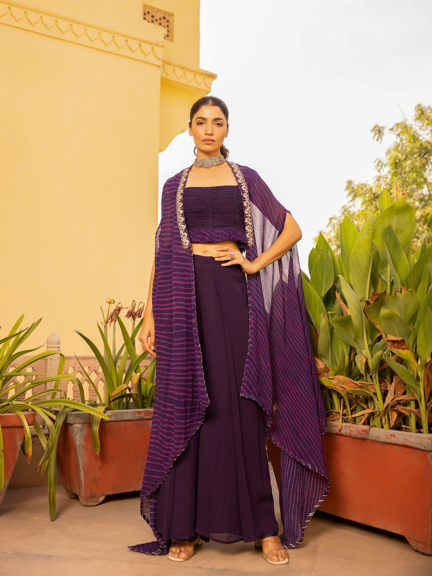 Mothra Georgette Palazzo Suit with Embroidered Cape Jacket