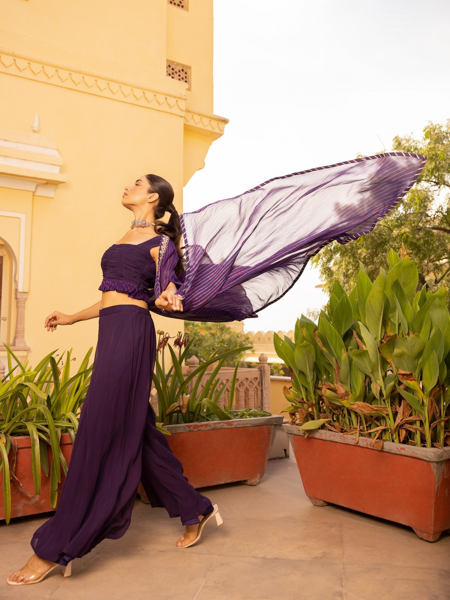 Mothra Georgette Palazzo Suit with Embroidered Cape Jacket