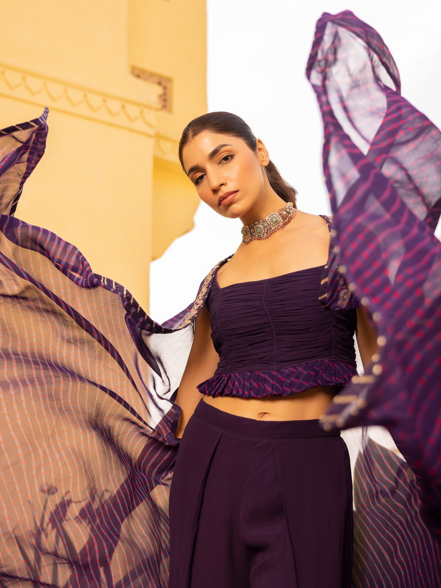 Mothra Georgette Palazzo Suit with Embroidered Cape Jacket