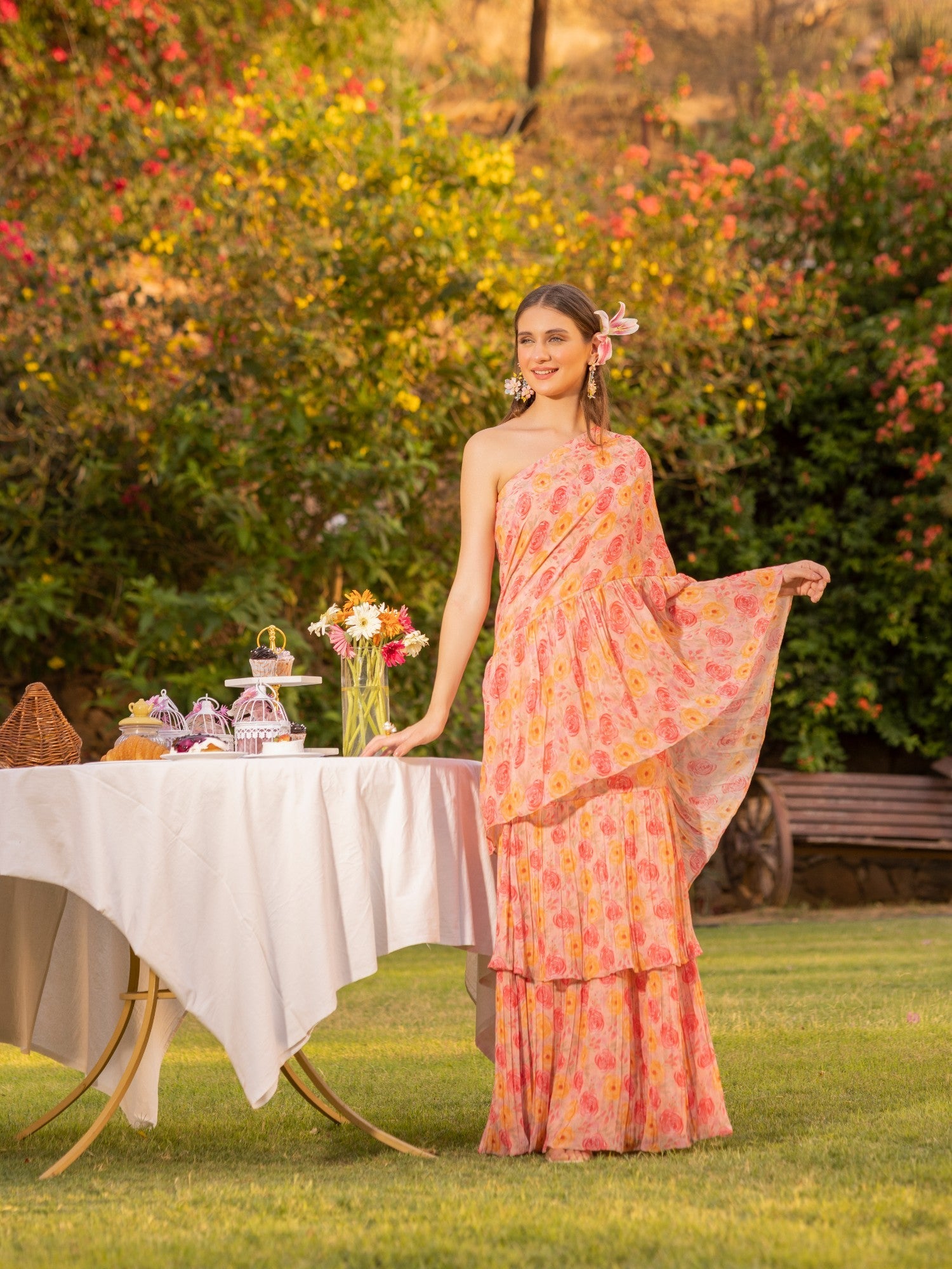 Digital Printed Pre-stitched Art Georgette Ruffle Saree