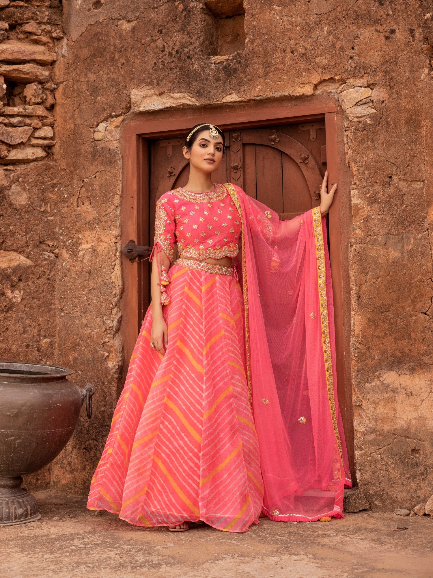 Leheriya Organza Lehenga with Gota Patti work.