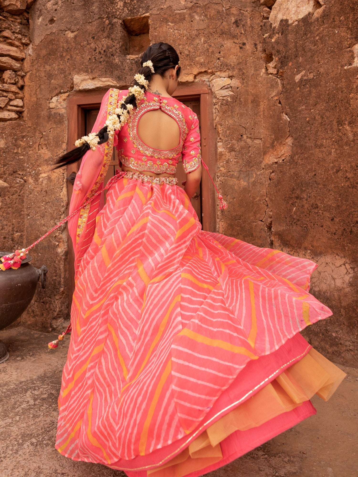 Leheriya Organza Lehenga with Gota Patti work.