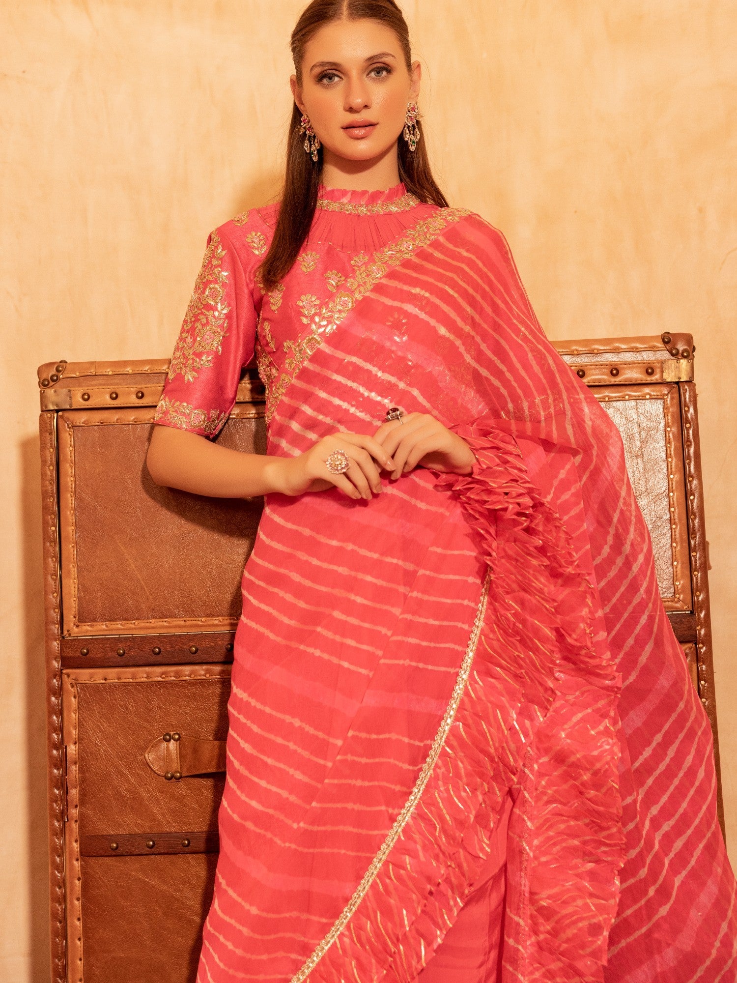 Leheriya Organza Ruffle Saree with Gota Patti work.