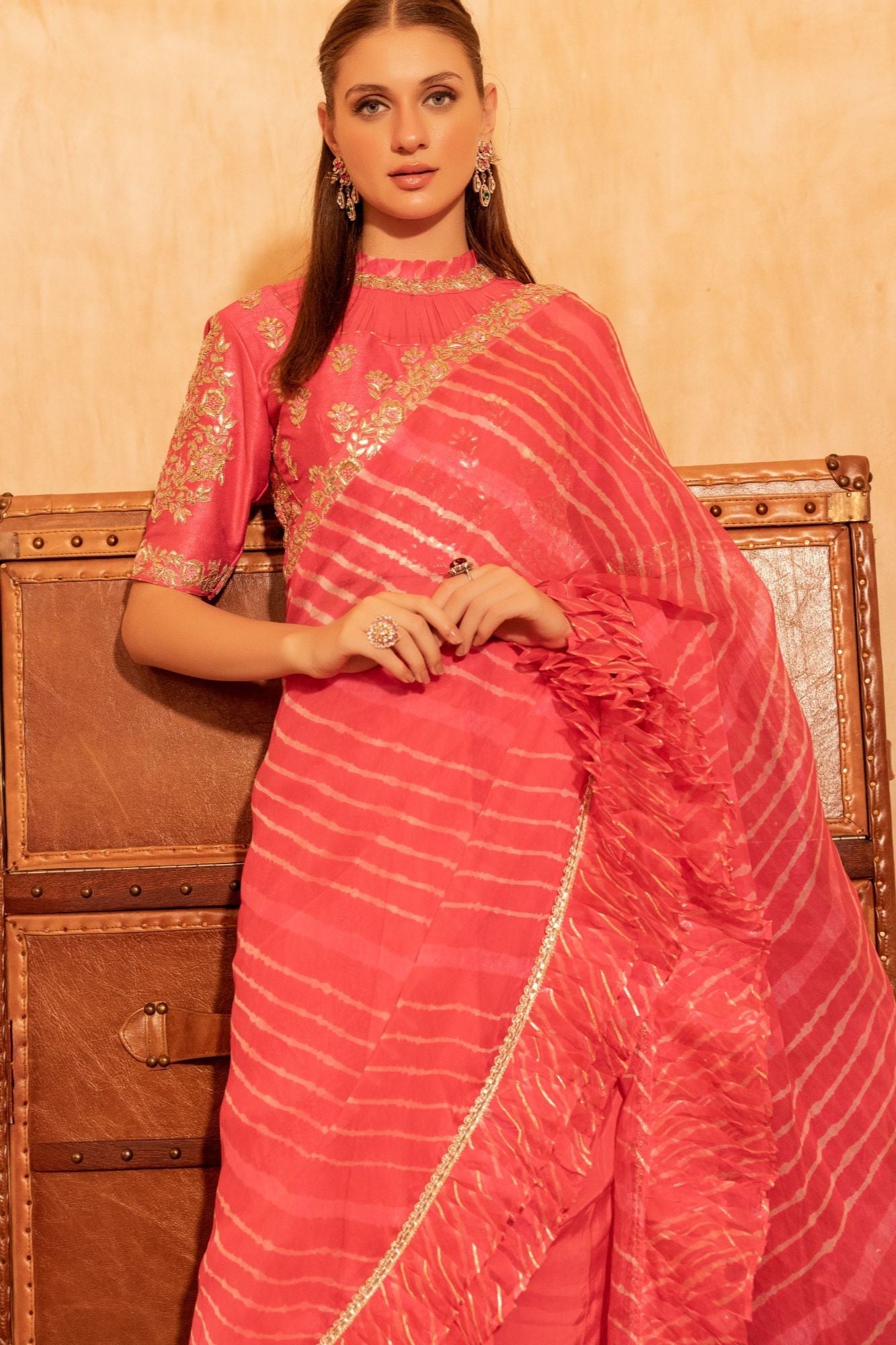 Leheriya Organza Ruffle Saree with Gota Patti work.