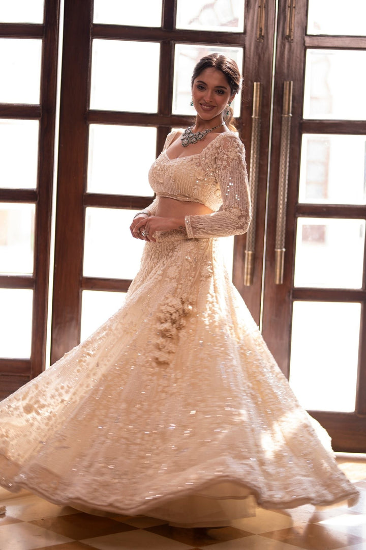 Elegant Net Lehenga Embroidered with Pearl, Sequins and Stone work.