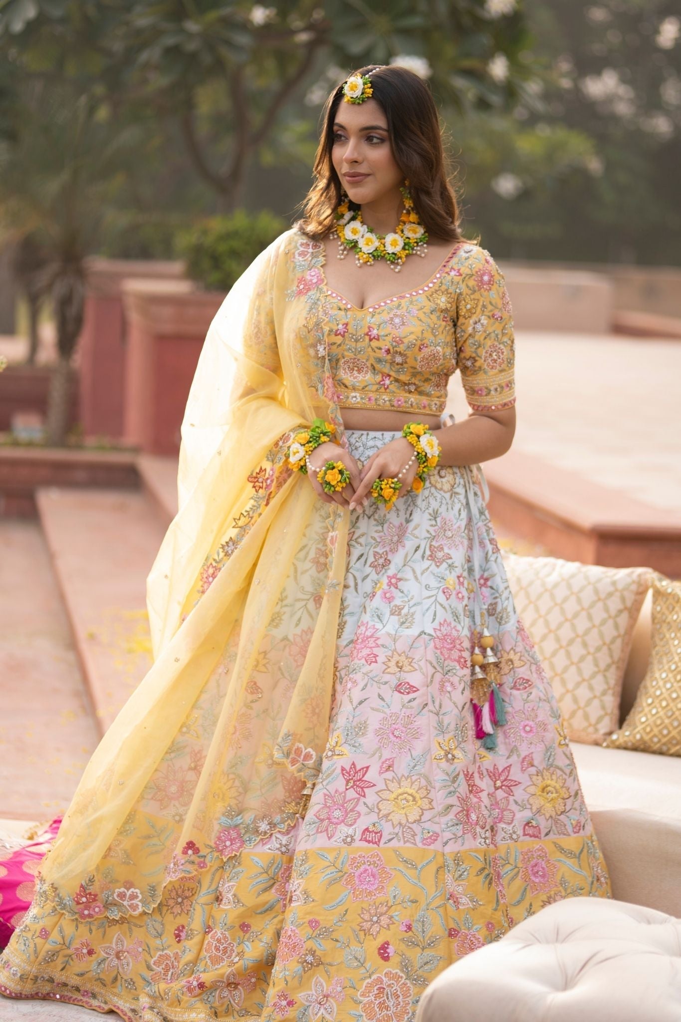 Embroidered Silk Lehenga with Pearl work