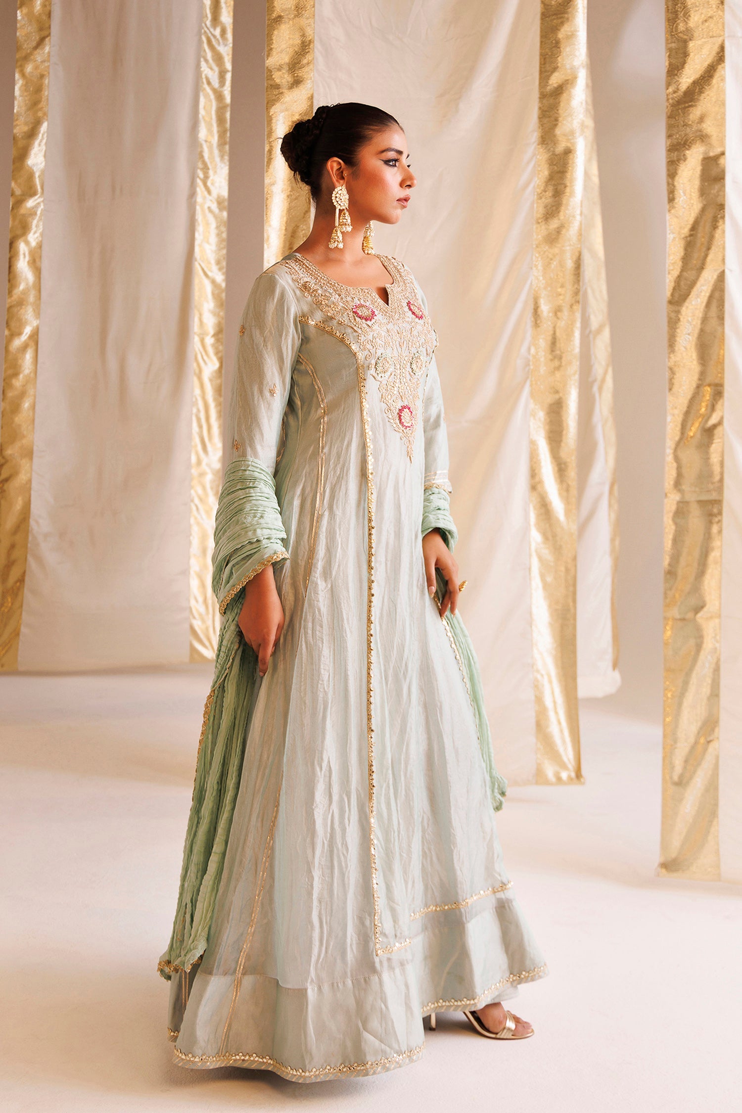 Tissue Anarkali Suit with Pearl, Thread and Zardozi work