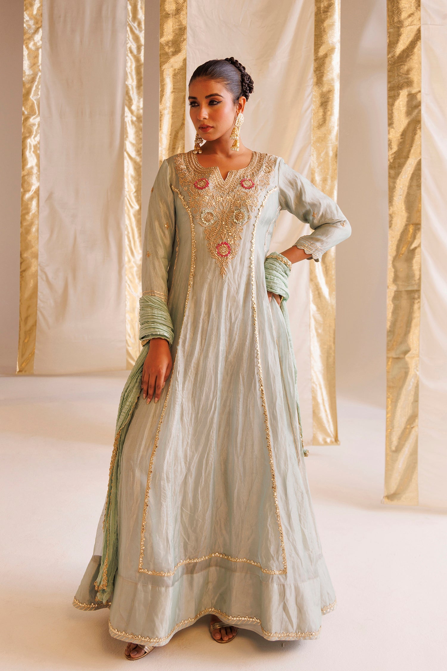 Tissue Anarkali Suit with Pearl, Thread and Zardozi work
