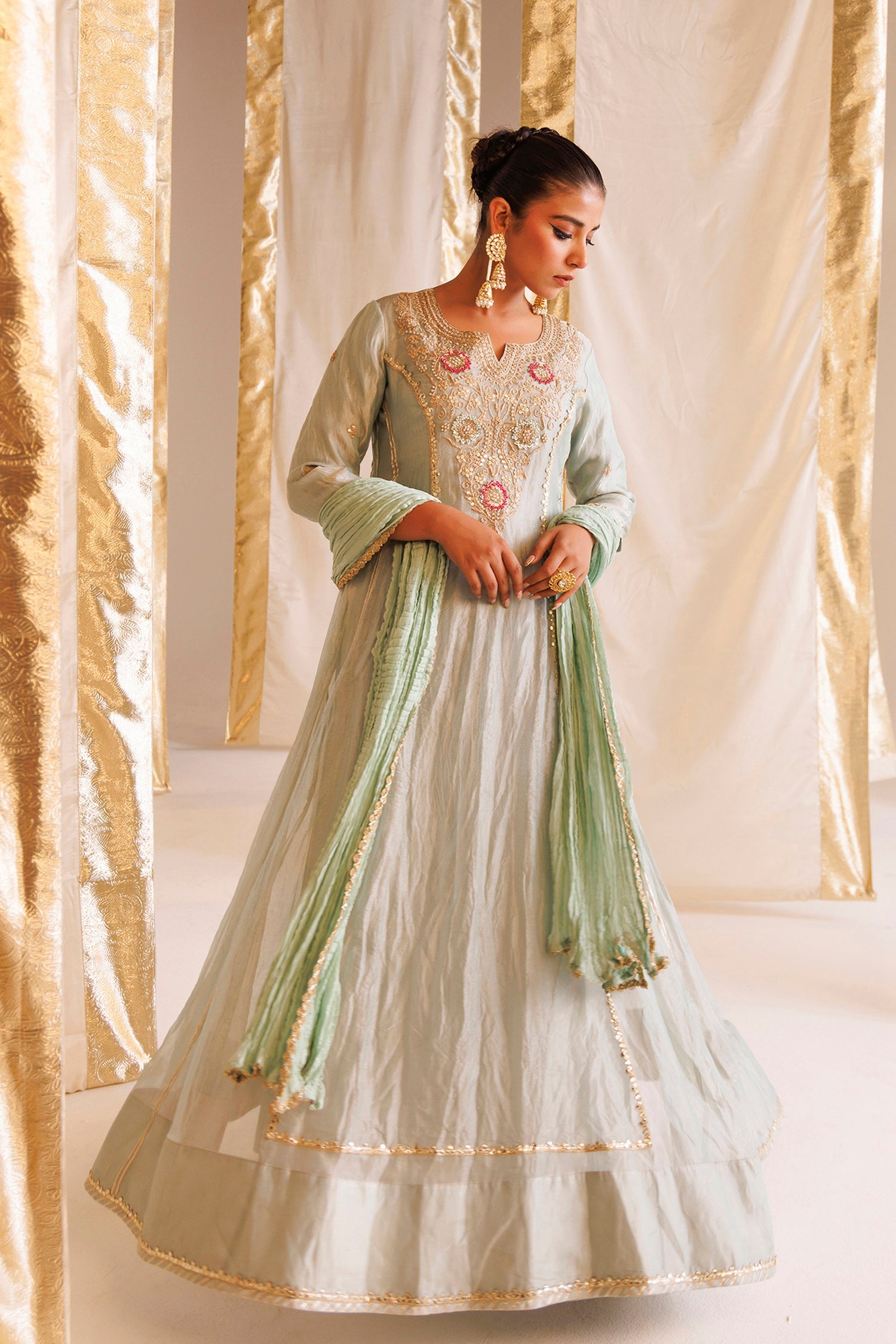 Tissue Anarkali Suit with Pearl, Thread and Zardozi work