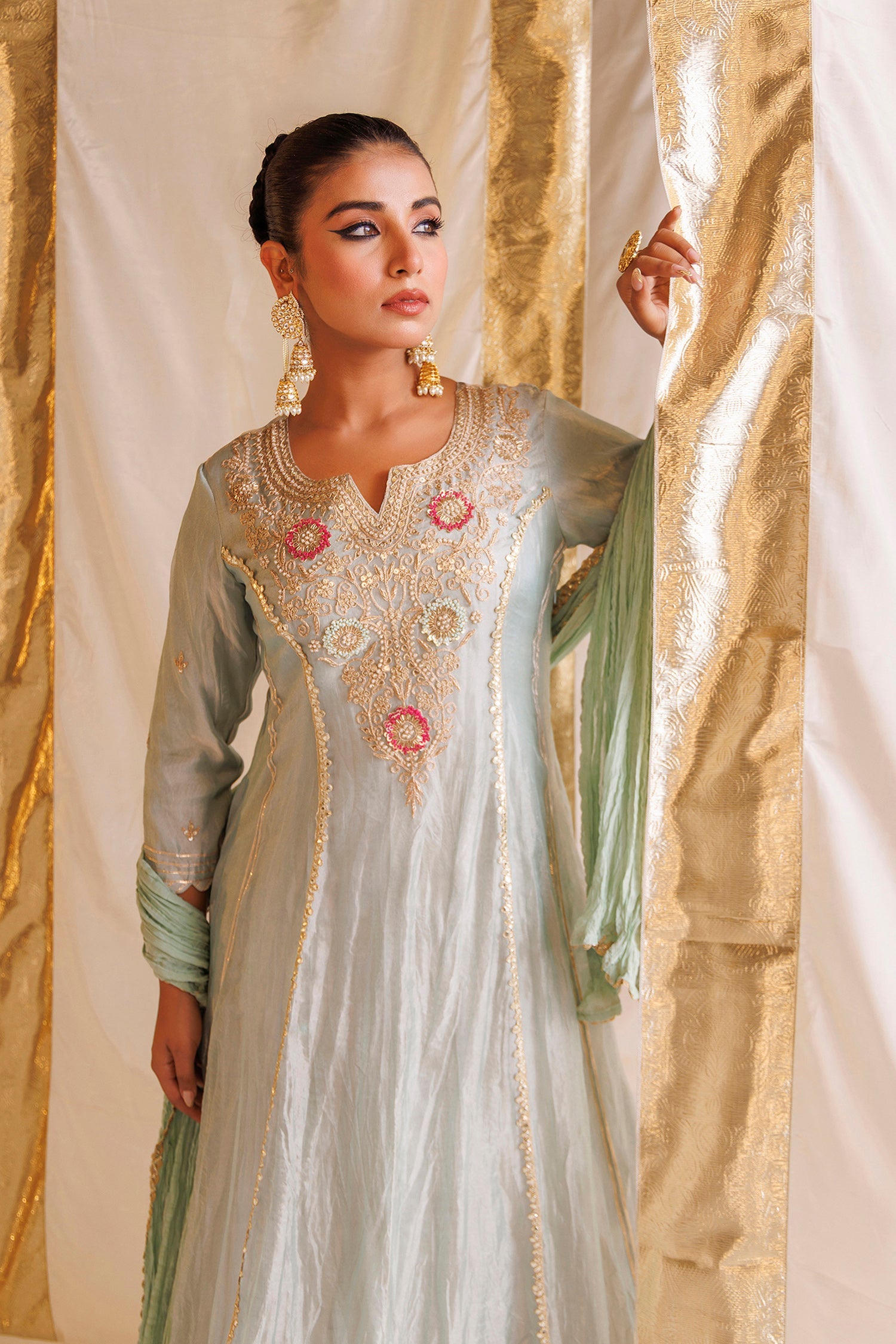 Tissue Anarkali Suit with Pearl, Thread and Zardozi work