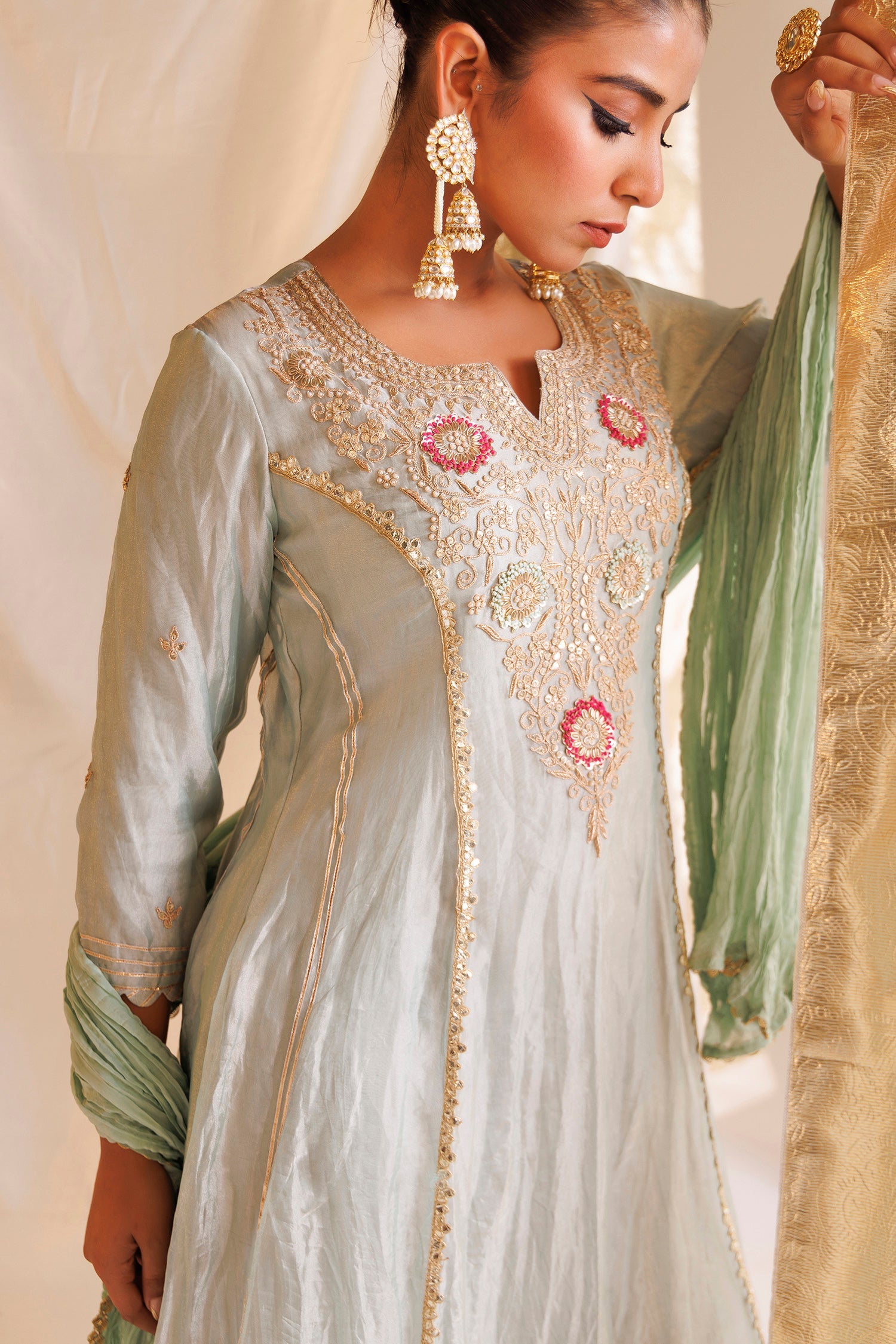 Tissue Anarkali Suit with Pearl, Thread and Zardozi work