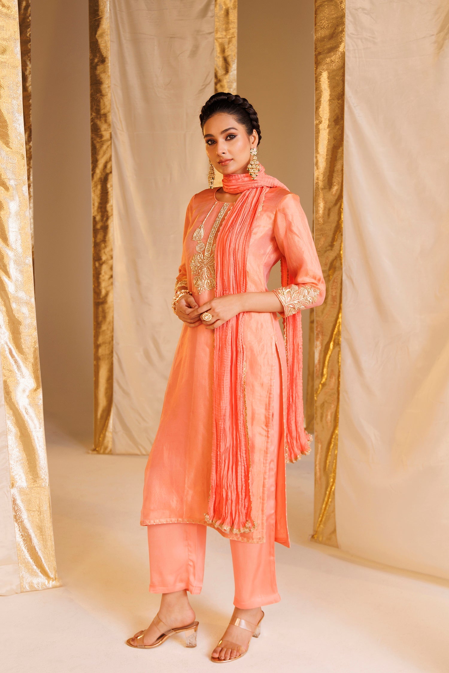 Tissue Straight Suit with Aari and Zardozi work