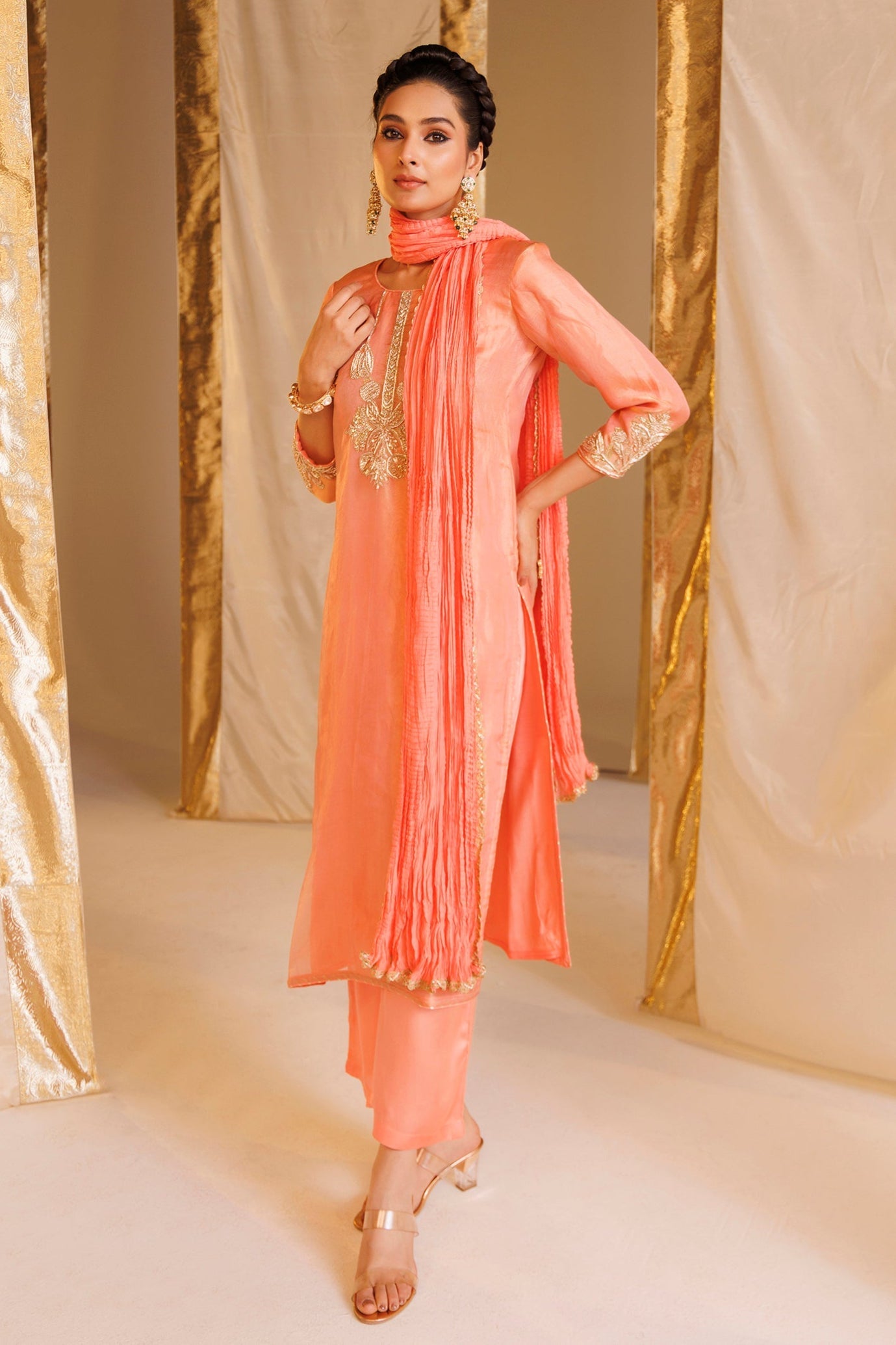 Tissue Straight Suit with Aari and Zardozi work