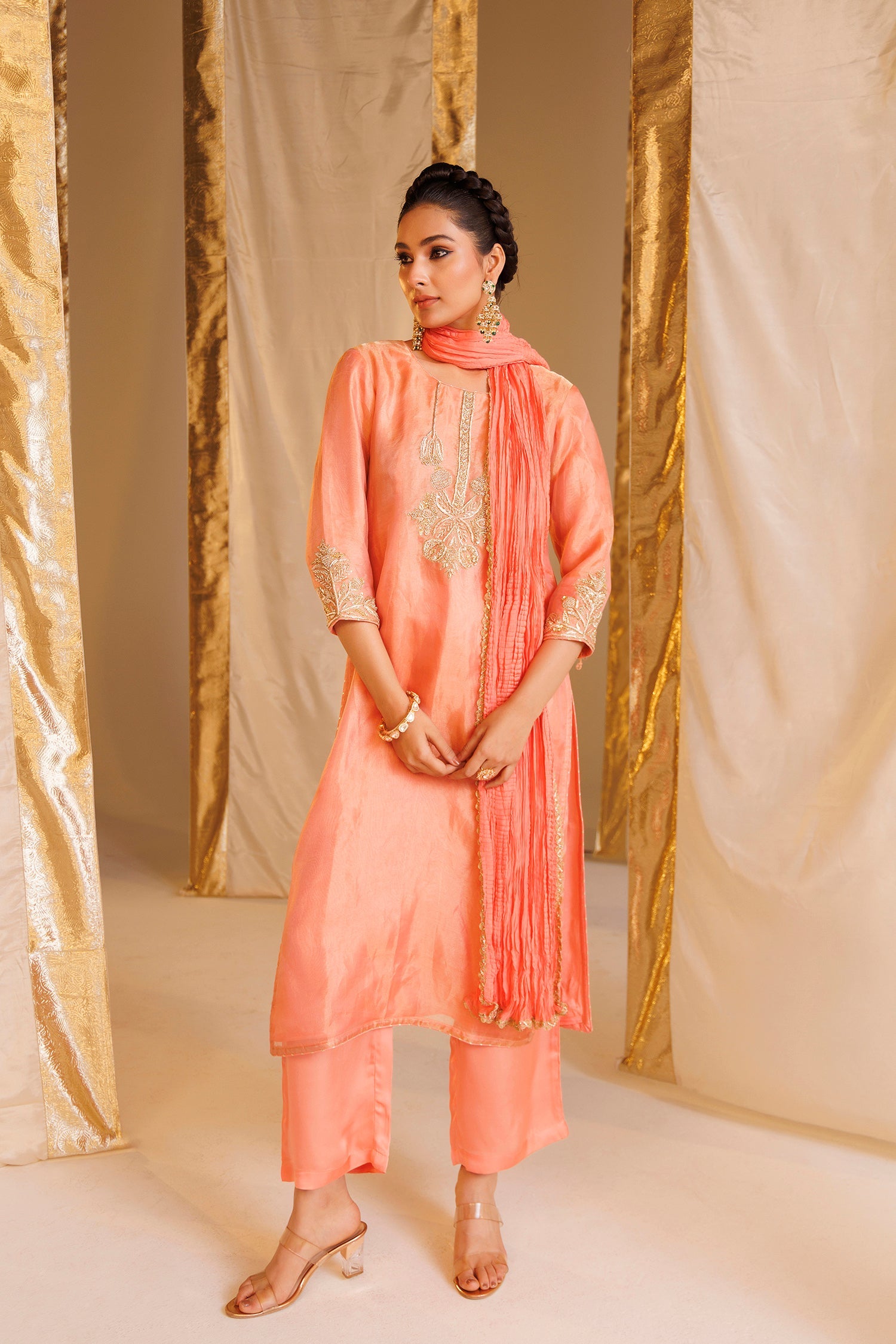 Tissue Straight Suit with Aari and Zardozi work