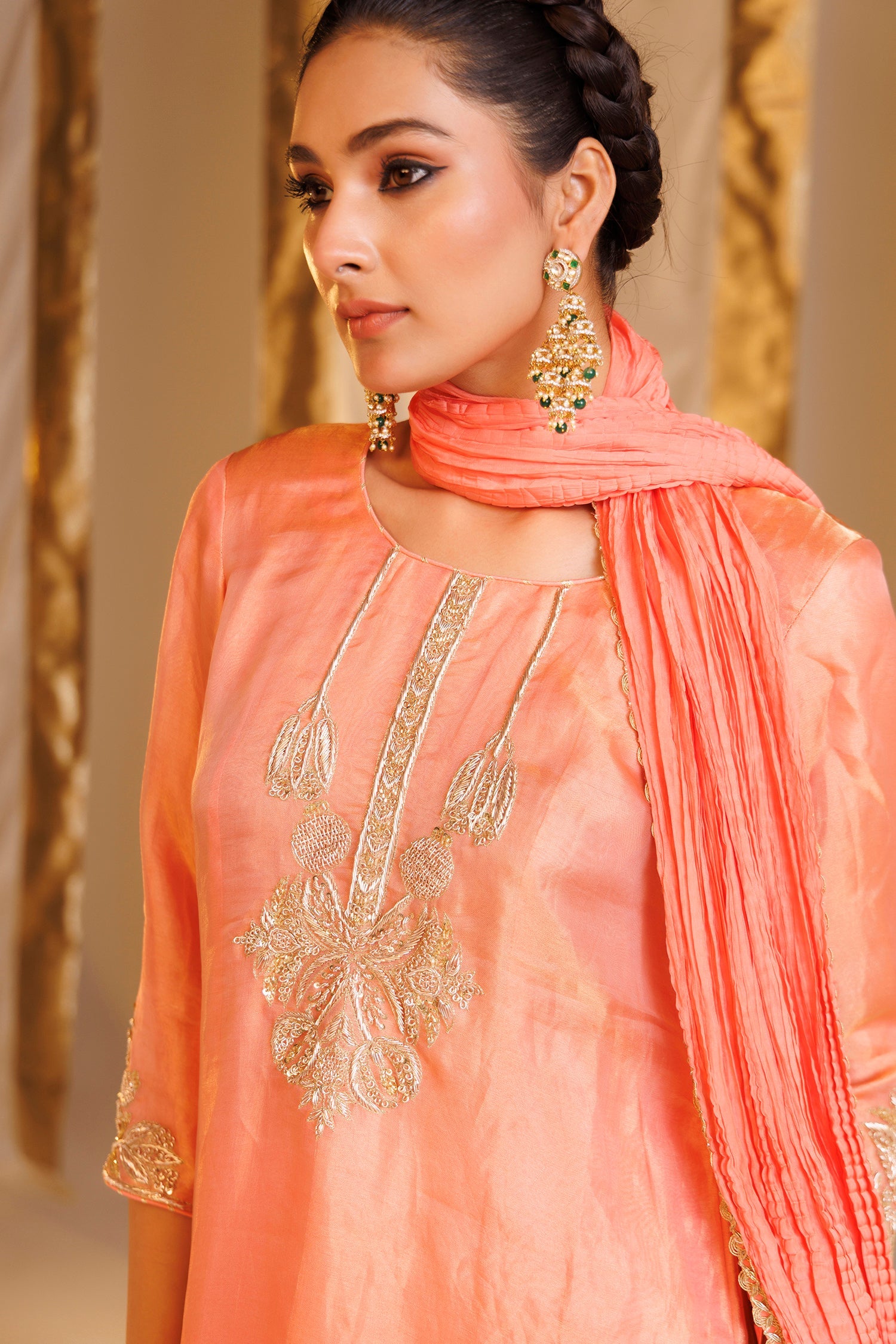 Tissue Straight Suit with Aari and Zardozi work