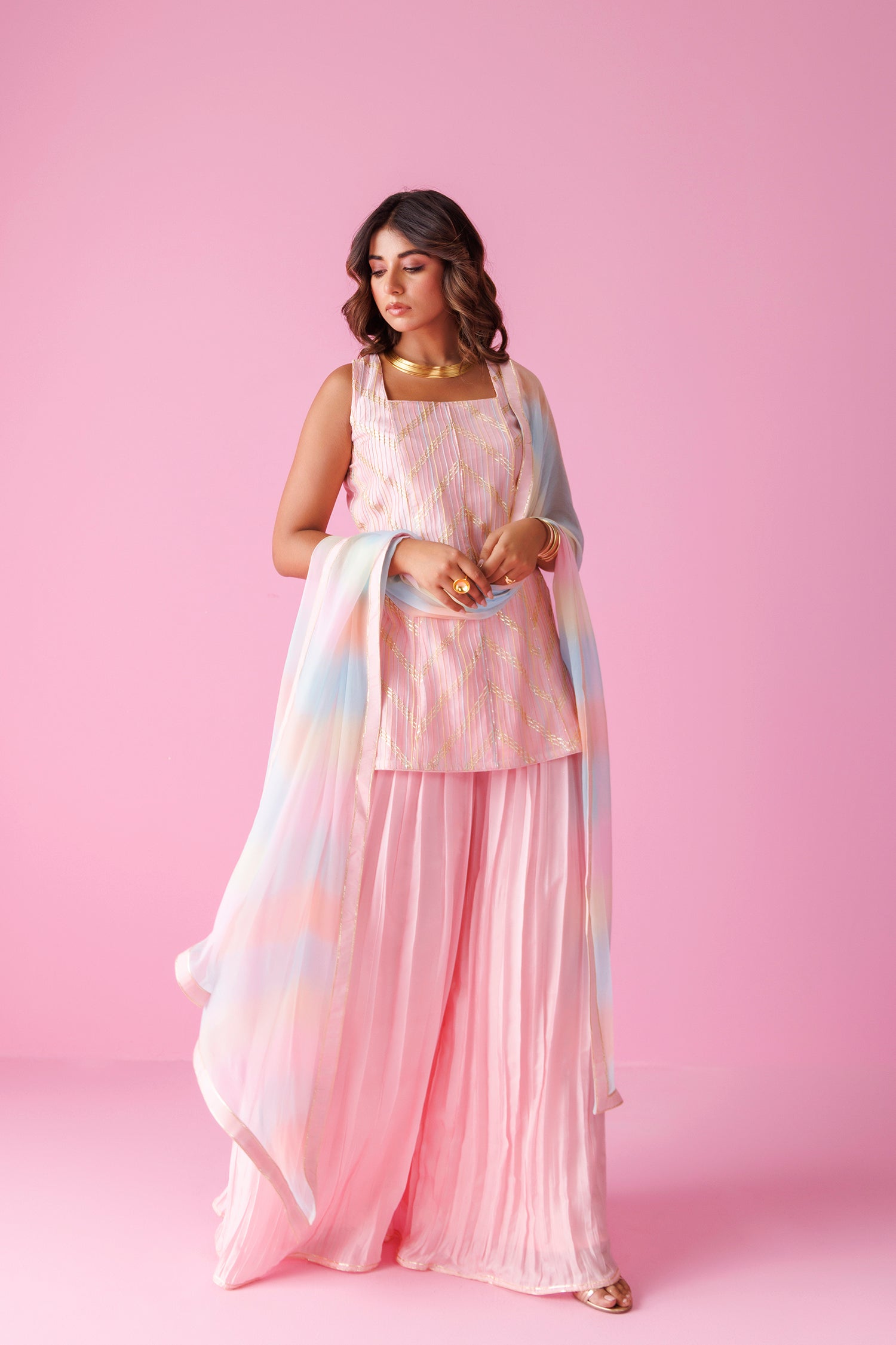 Embroidered Leheriya Silk Suit with Shaded Dupatta